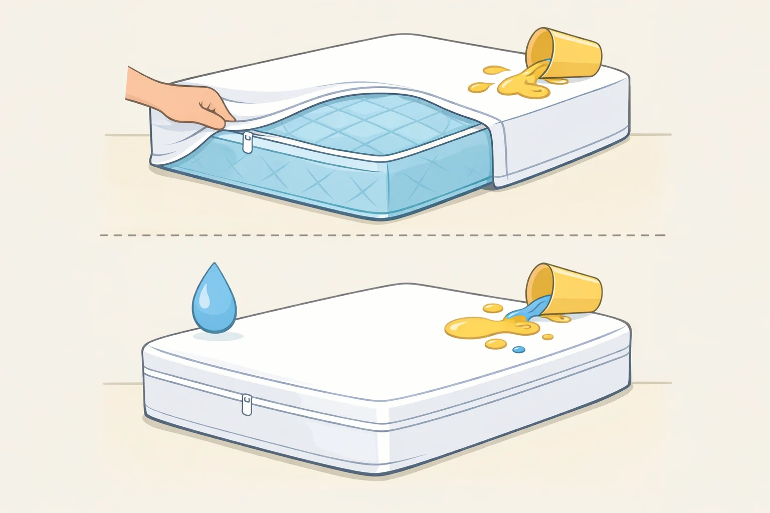 Person placing a waterproof mattress encasement over a mattress to prevent sweat and liquids from causing stains and odors