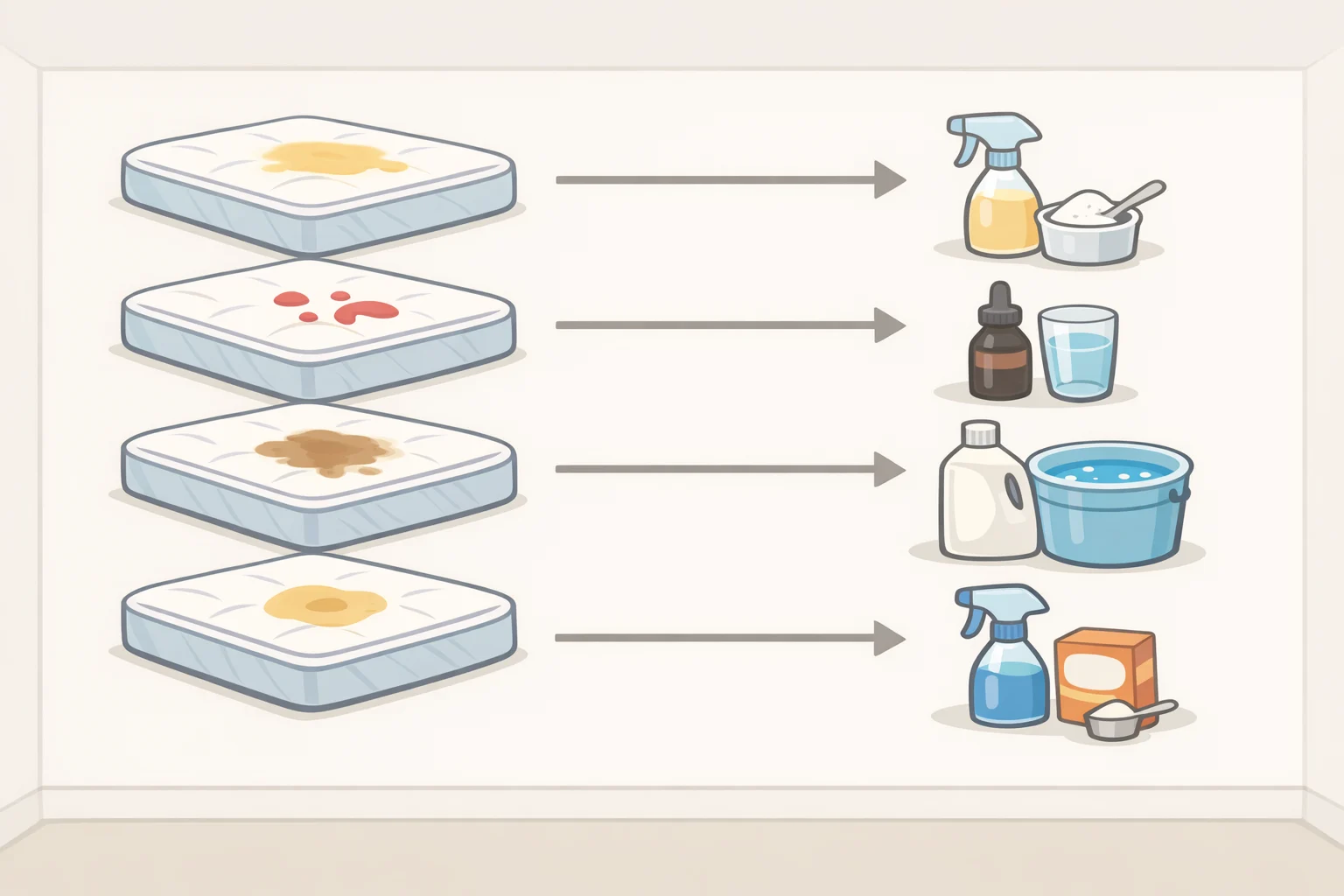 Decision chart matching mild odor, yellow sweat stains, and biological stains to baking soda, diluted hydrogen peroxide, or enzyme cleaner for how to freshen up your mattress