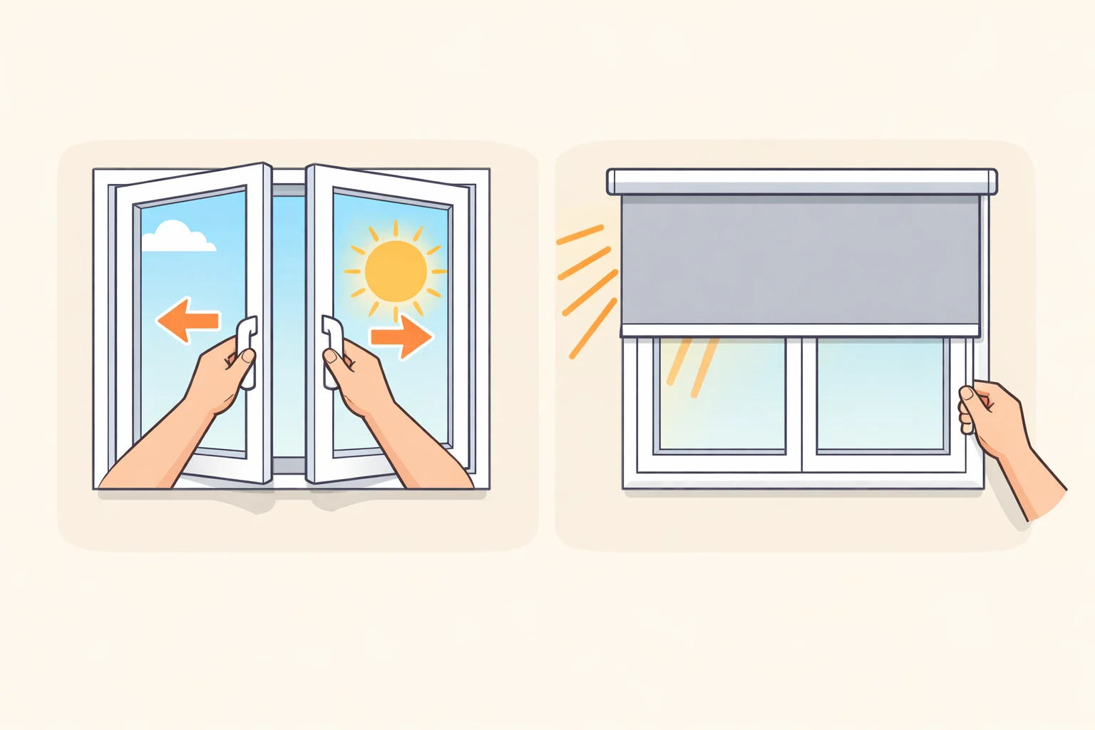 Illustration showing closed windows and lowered shades on sun-facing windows to prevent daytime heat buildup inside