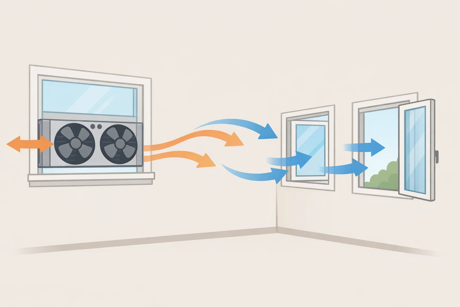 Illustration of cross-ventilation for how to keep your house cool naturally in summer, showing a window fan exhausting hot air while another window draws in cooler overnight air