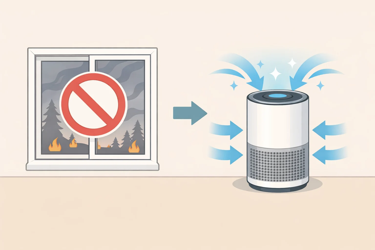 Illustration contrasting wildfire smoke safety steps: windows staying closed while a MERV 13 air purifier runs to reduce indoor fine particles