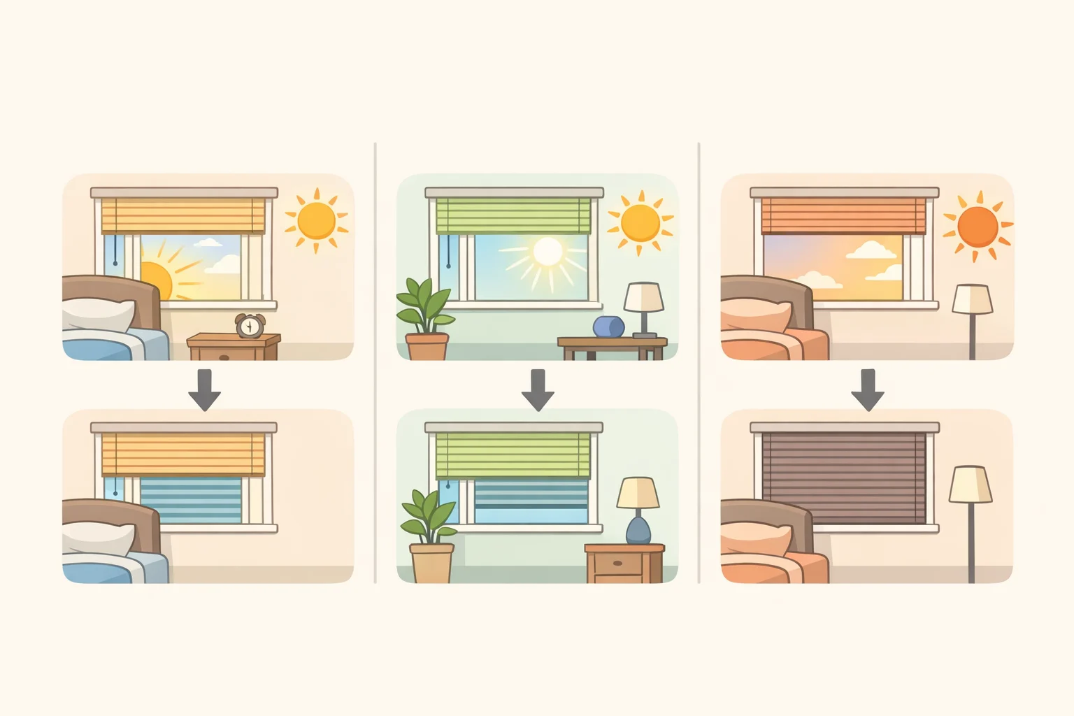 Illustration mapping sunlight timing onto east, west, and south windows to guide when to close blinds and when to ventilate