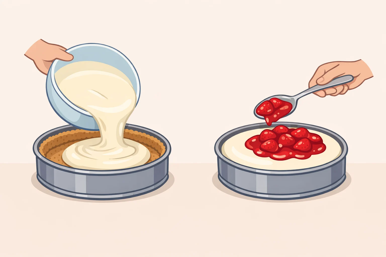 Illustration of cheesecake filling being beaten until smooth, poured into a prebaked crust, then topped with strawberry pie filling and fresh blueberries for berry cream cheese bars