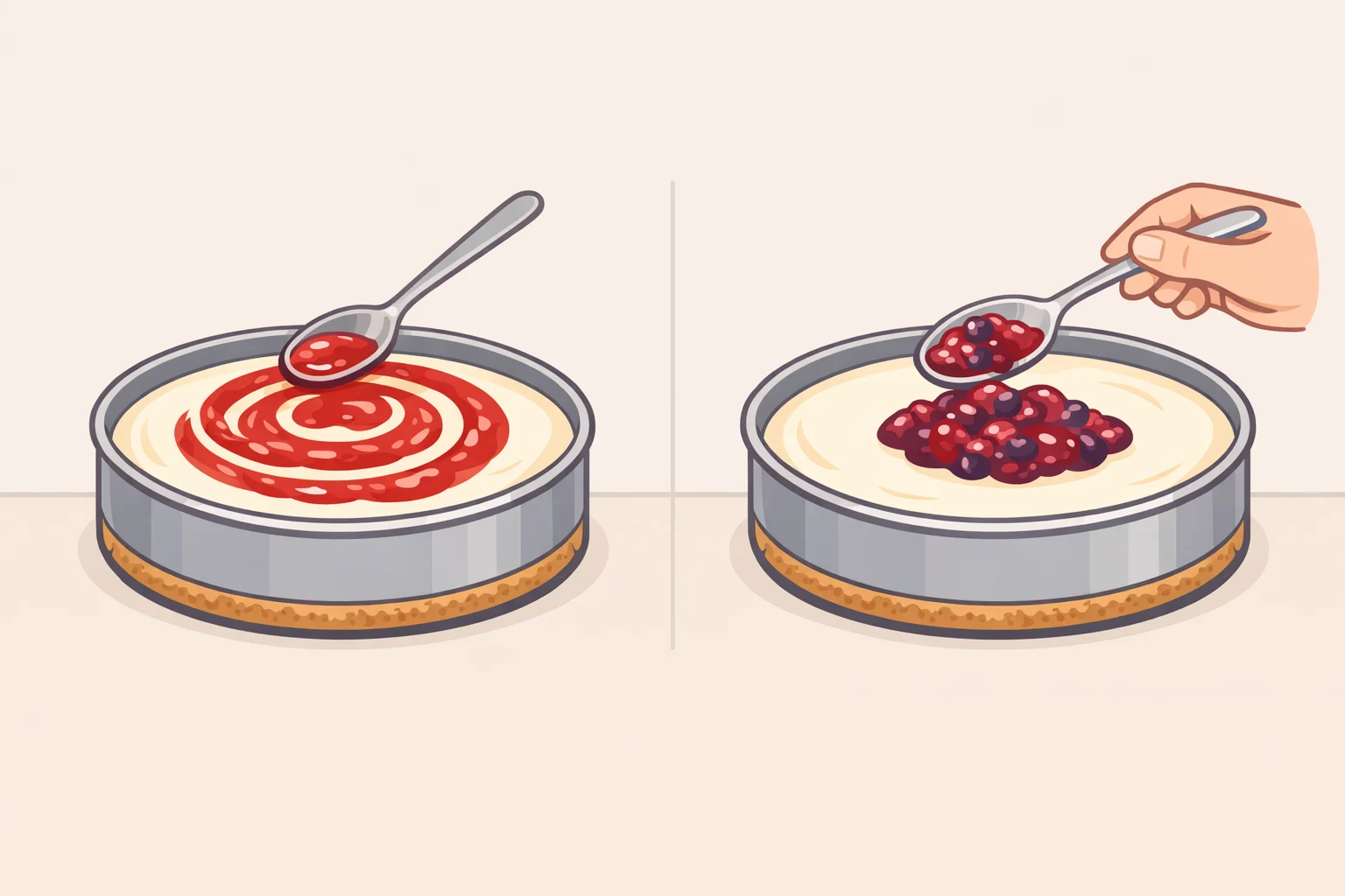 Illustration showing three berry topping approachescanned pie filling, swirled preserves, and cooked berry compoteplaced over unbaked cream cheese filling to help the bars set