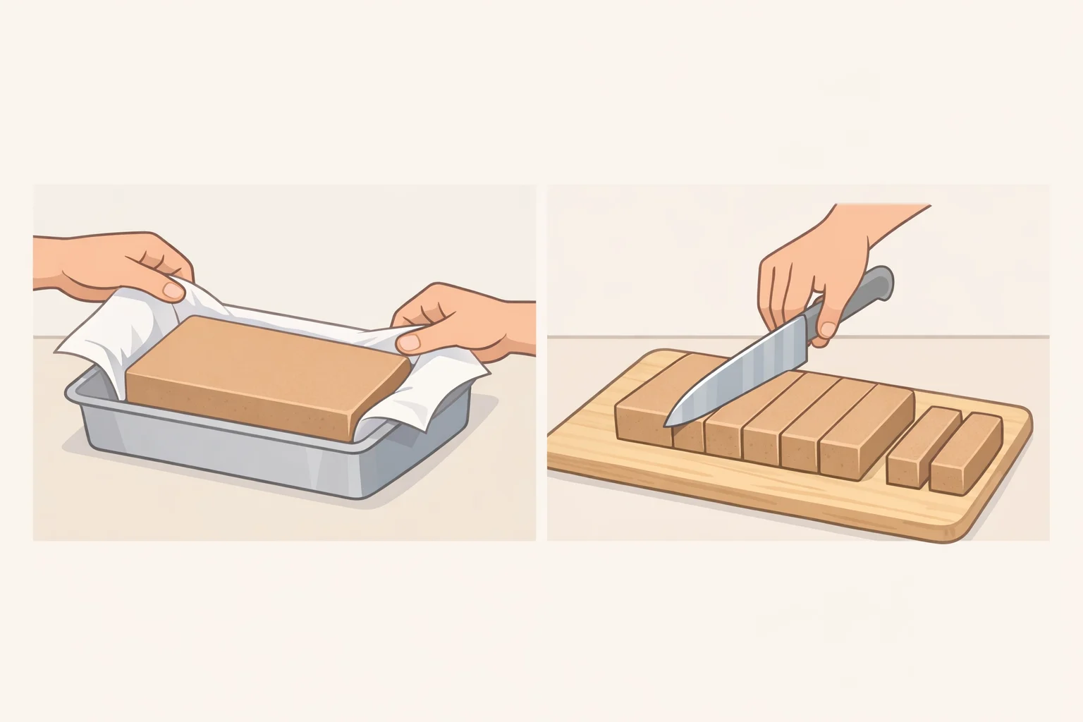 Illustration of lifting a chilled slab of cheesecake bars from a pan using the parchment sling, then cutting cold bars with a clean knife for neat edges