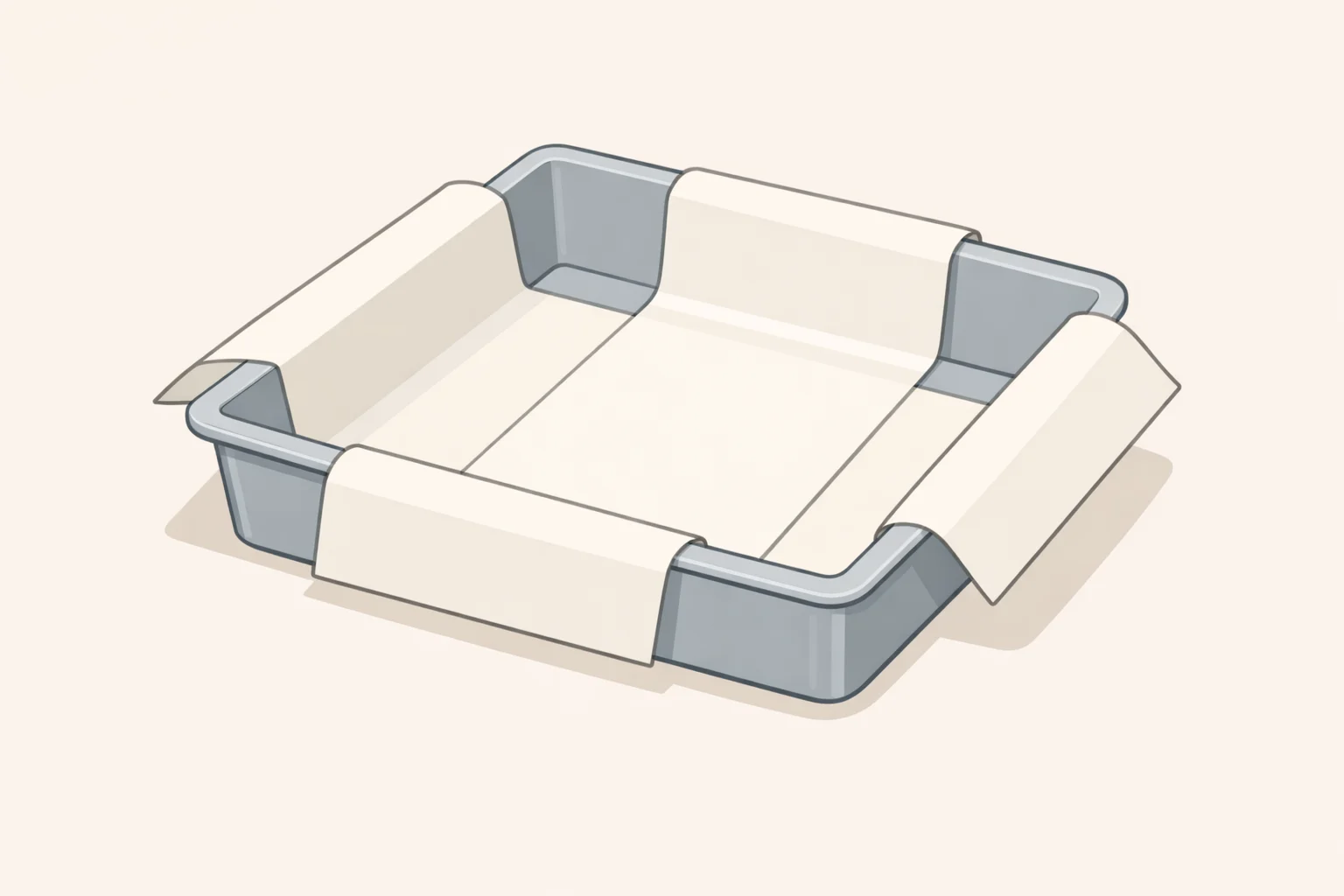 Illustration of a 9x9-inch baking pan lined with two parchment strips forming a sling for lifting the berry cream cheese bars recipe slab out cleanly
