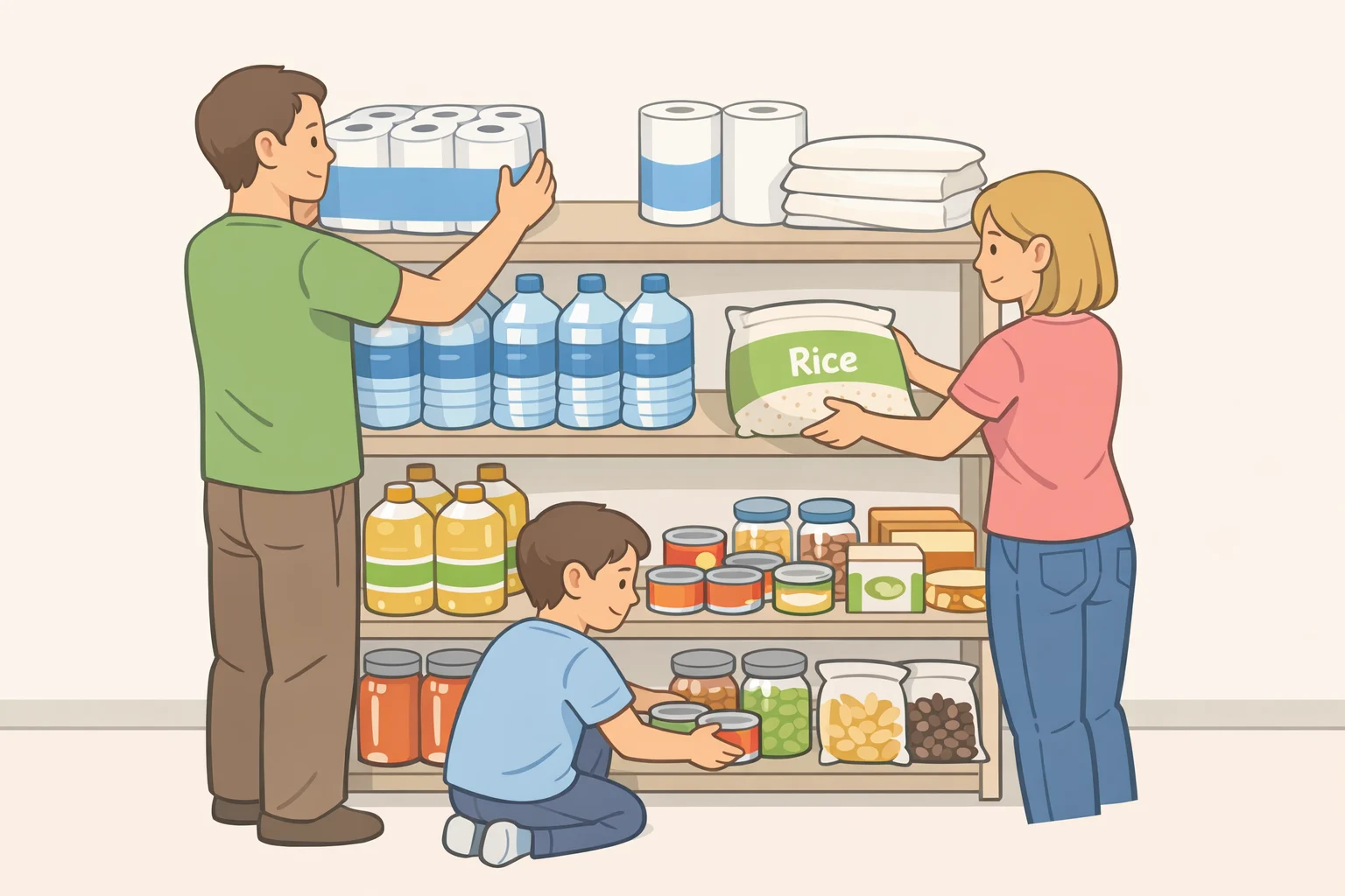 Illustration of a family moving bulk pantry items into a dedicated storage zone to support the Costco closet trend during uncertain times