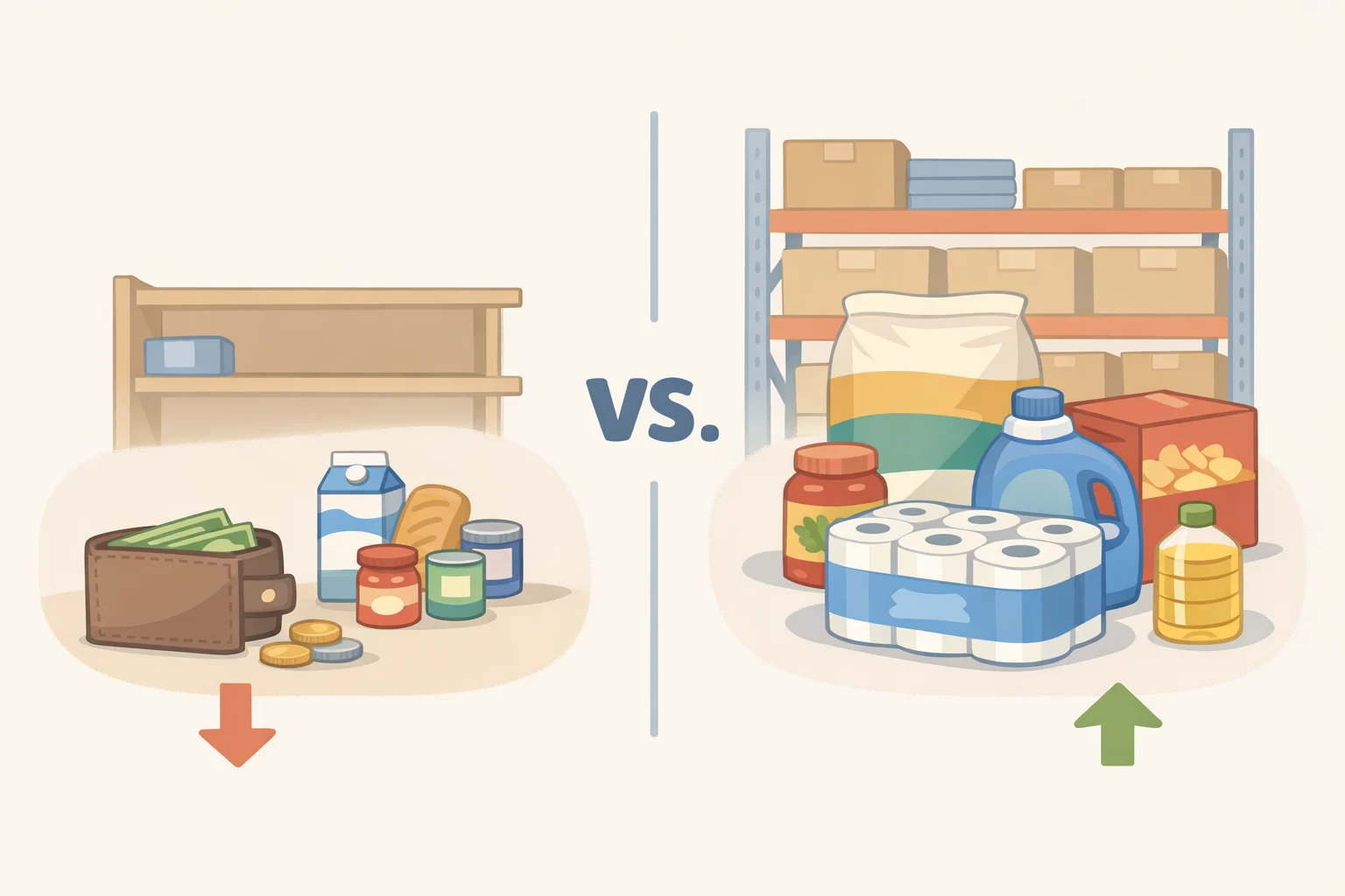 Illustration comparing higher-cost small-package shopping with lower-cost bulk club buying, showing how access to capital and storage space limits the costco closet trend