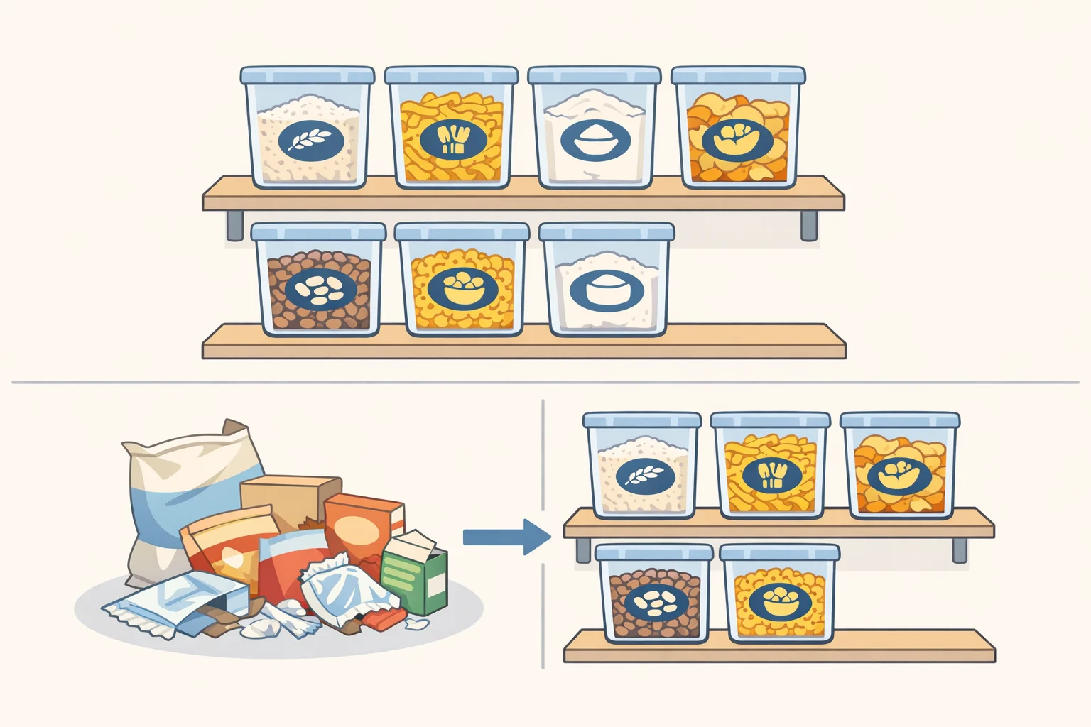 Illustration of labeled bins and shelf space where an organizer trims packaging and sets up a small garage or basement Costco closet