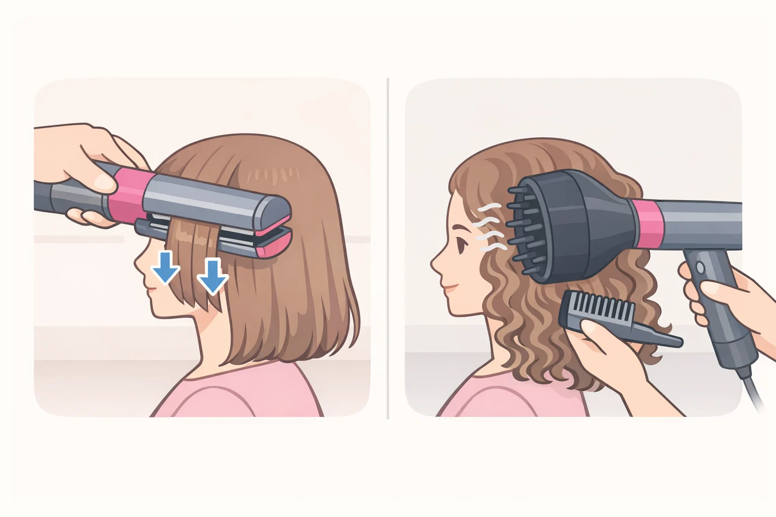 Illustration of the AirSmooth 2x straightening attachment lightly clamping onto hair, plus the alternative Wave+Curl diffuser and tension comb kit for curly+coily styling