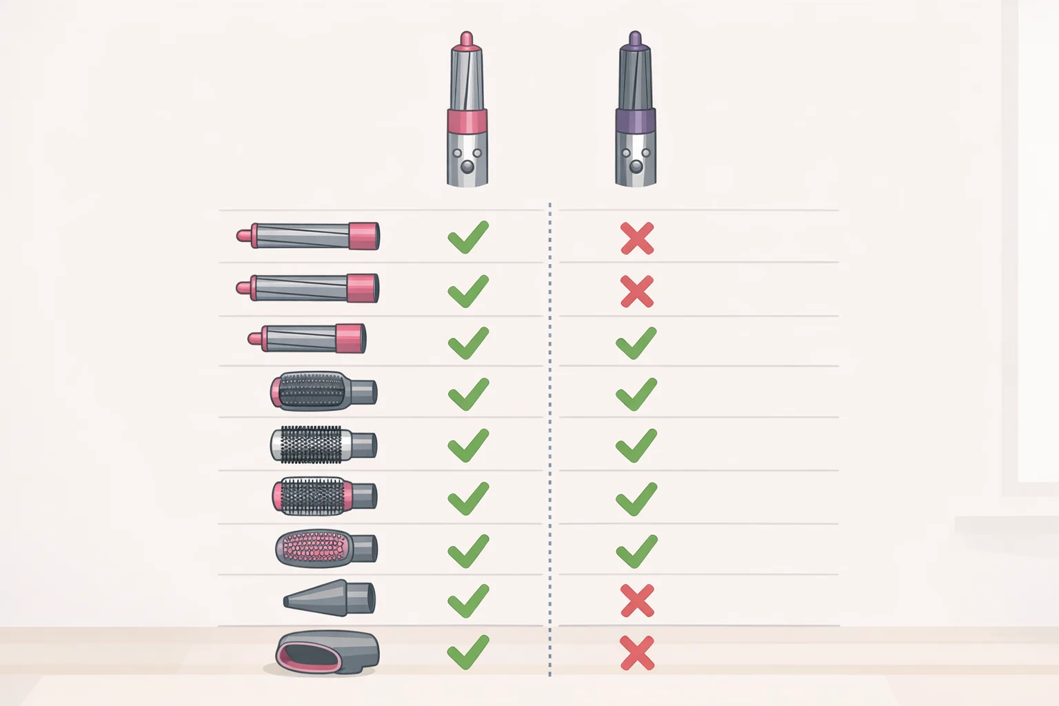 Compatibility chart showing that Co-anda 2x attachments do not work with older Airwrap handles, while i.d.-generation attachments remain compatible with earlier pre-Co-anda models