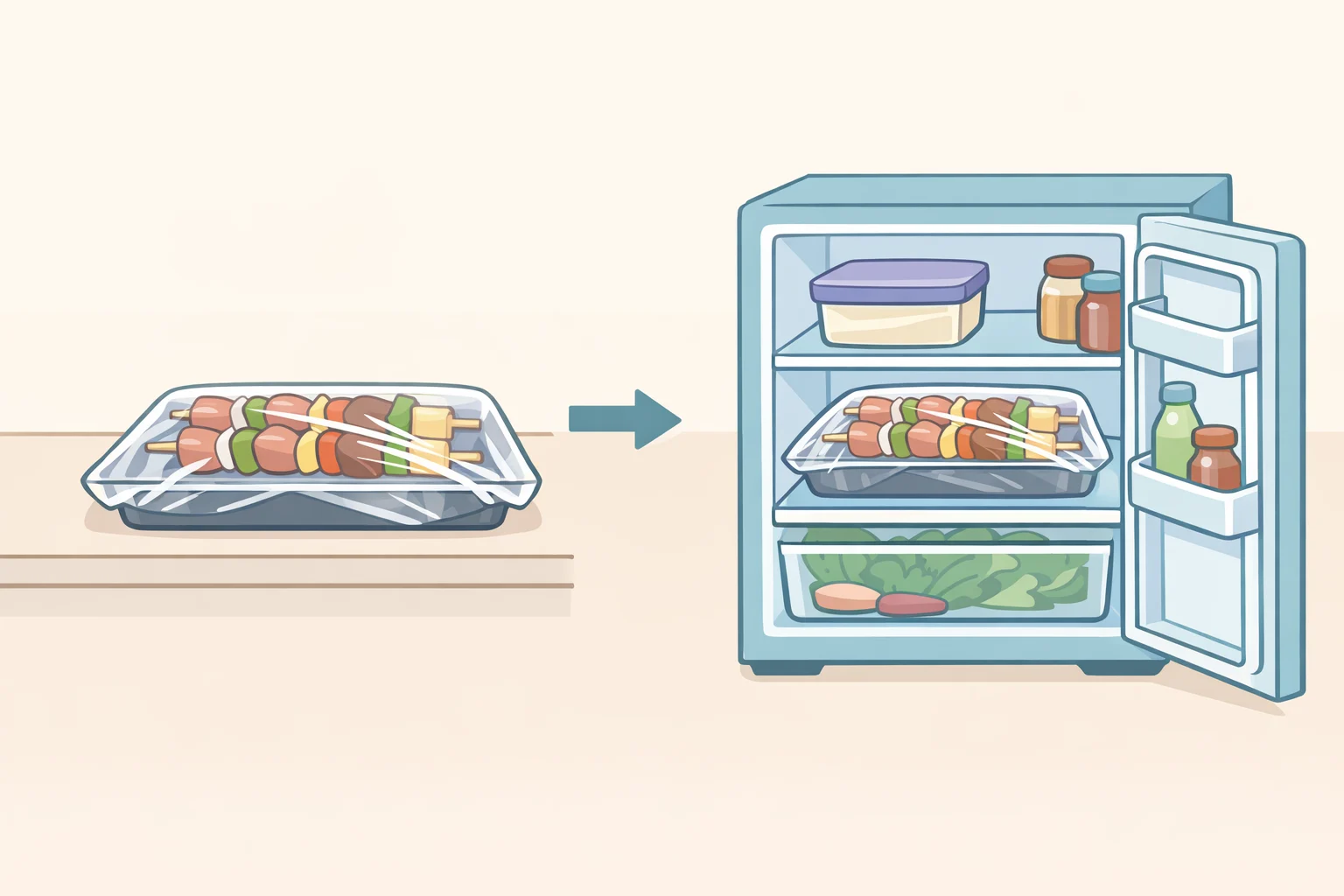 Platter of assembled prosciutto melon skewers tightly wrapped and refrigerated with glaze reserved for last-minute drizzling