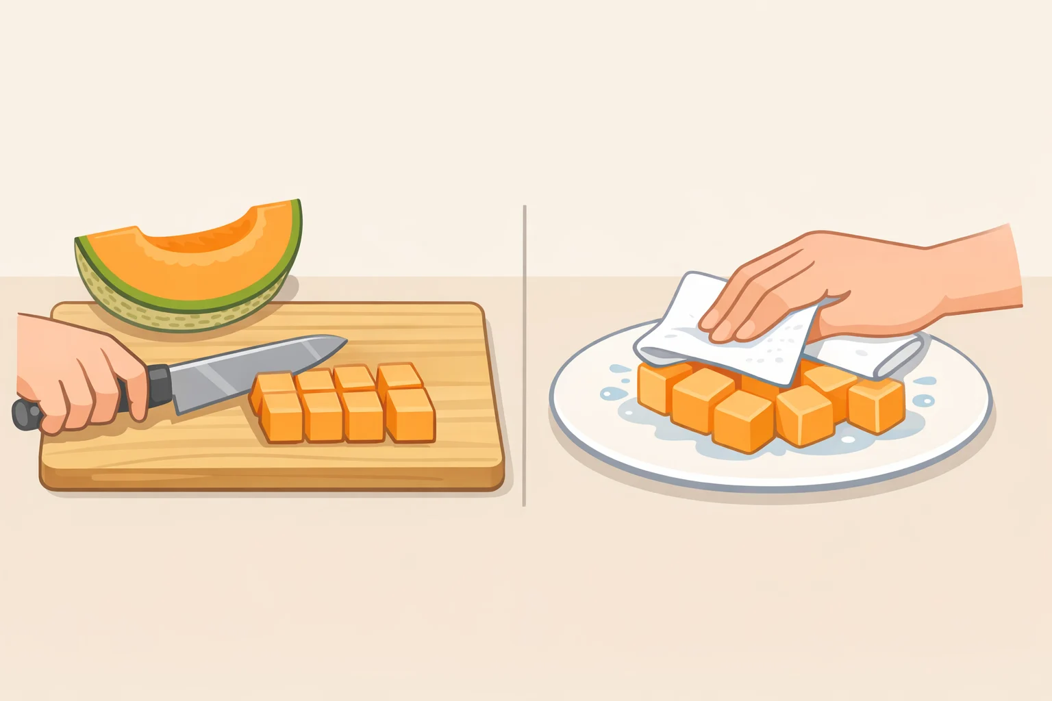 Diced cantaloupe cubes on a paper towel being pressed dry to prevent moisture in prosciutto melon skewers