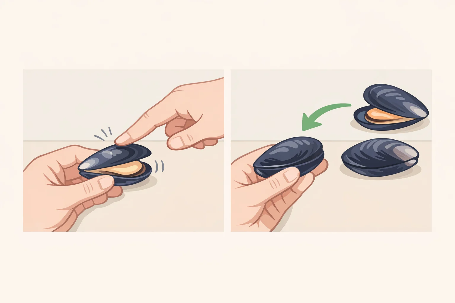 Illustration of a shopper tapping mussel shells to confirm they snap shut and discarding any that stay open