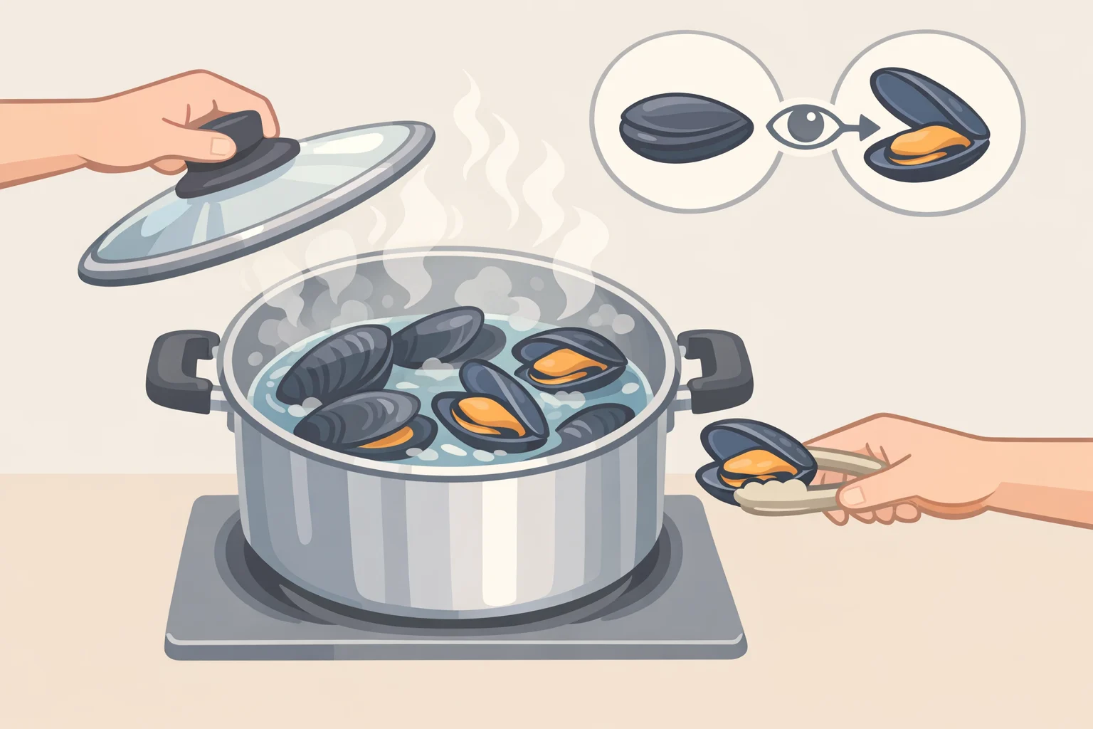 Illustration of mussels in a covered pot steaming over high heat with open shells removed first for perfectly cooked mussels