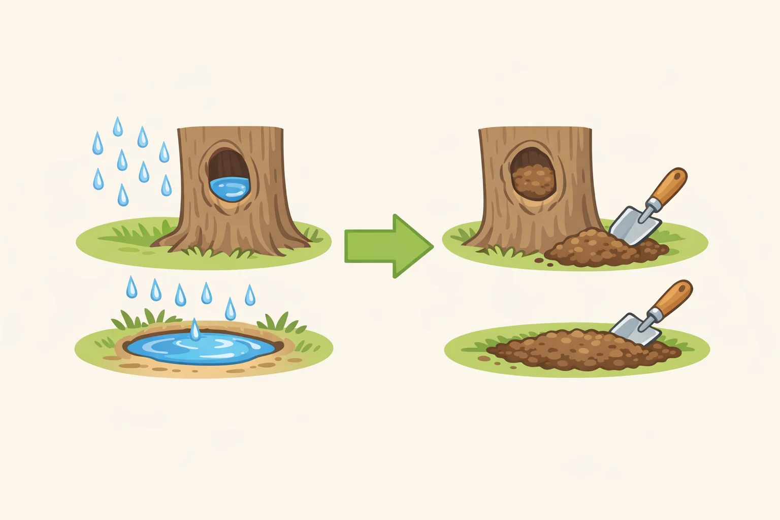 Diagram of a tree hole and hollow stump being filled with sand or foam, and a nearby low spot being leveled so water runs off instead of collecting