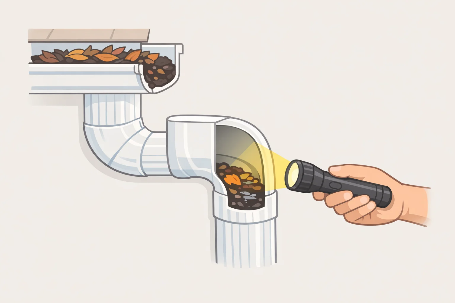 Close-up of gutter and downspout joints with wet leaf debris and a highlighted elbow where water pools, showing a common place where mosquitoes breed around your home