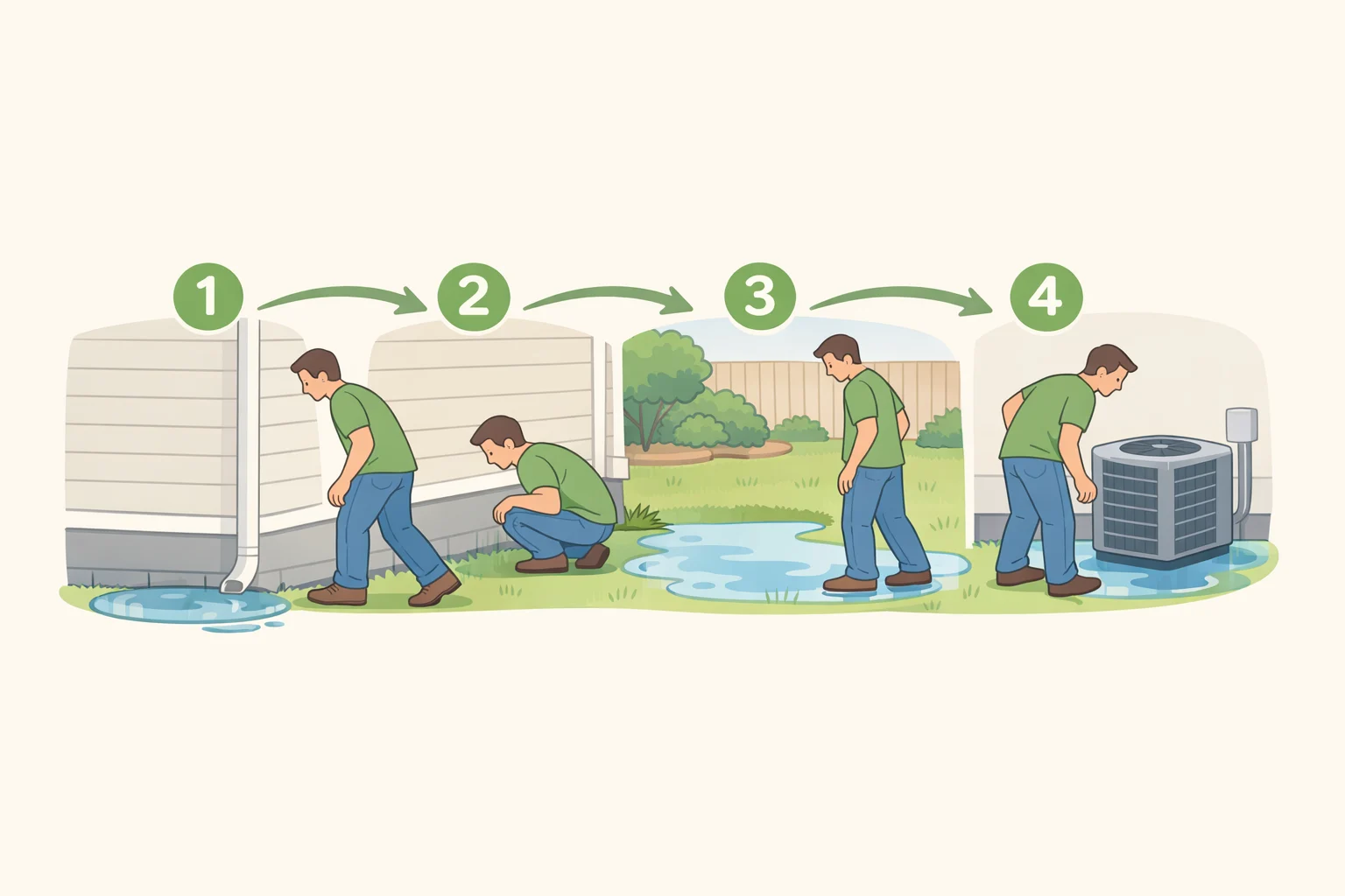 A homeowner checking for standing water in small containers and drip trays first, following the step-by-step order to find mosquito breeding spots