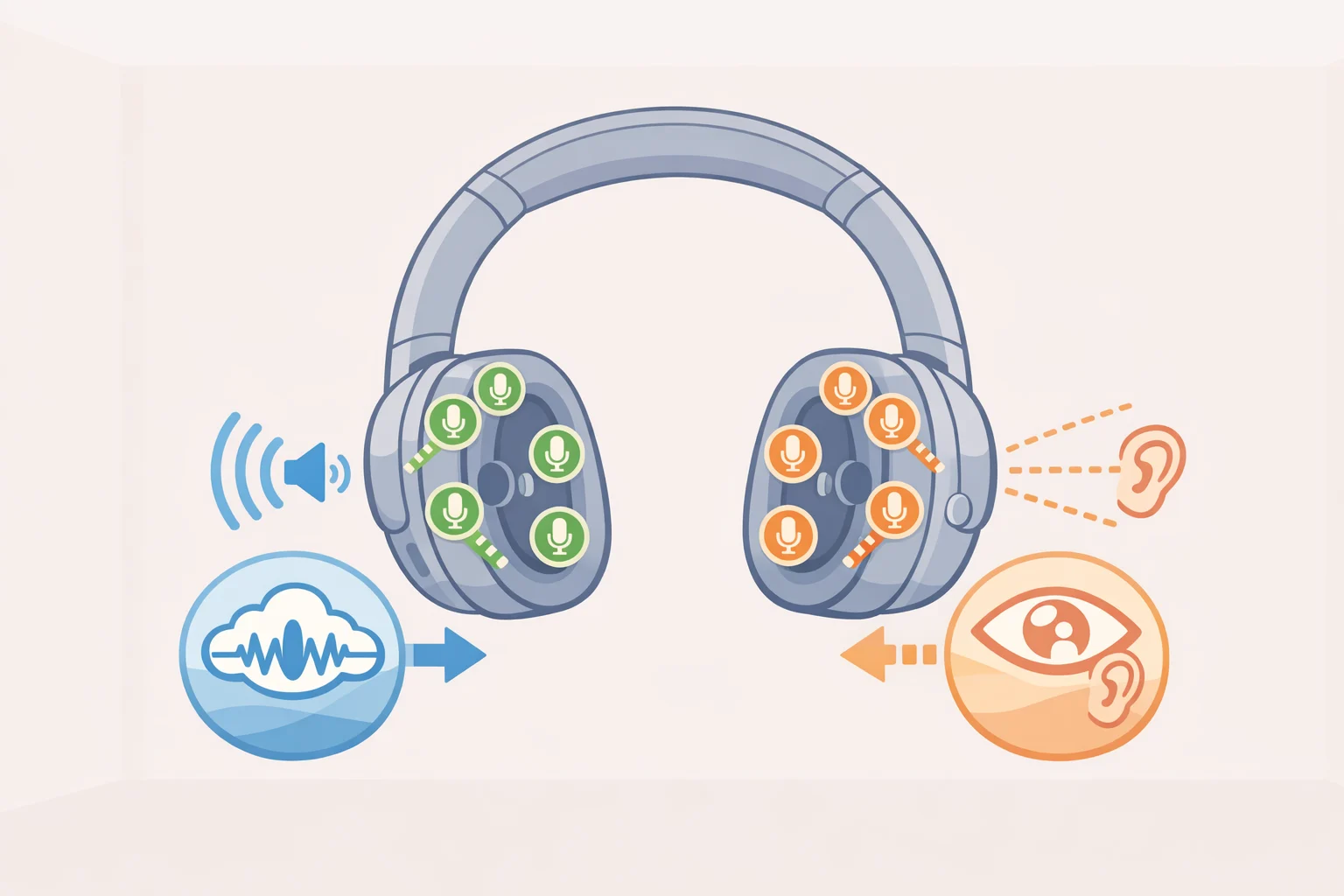 Illustration of the Sennheiser Momentum 5 Wireless earcups with eight hybrid ANC microphones (four per side) and arrows showing noise cancellation and natural transparency mode