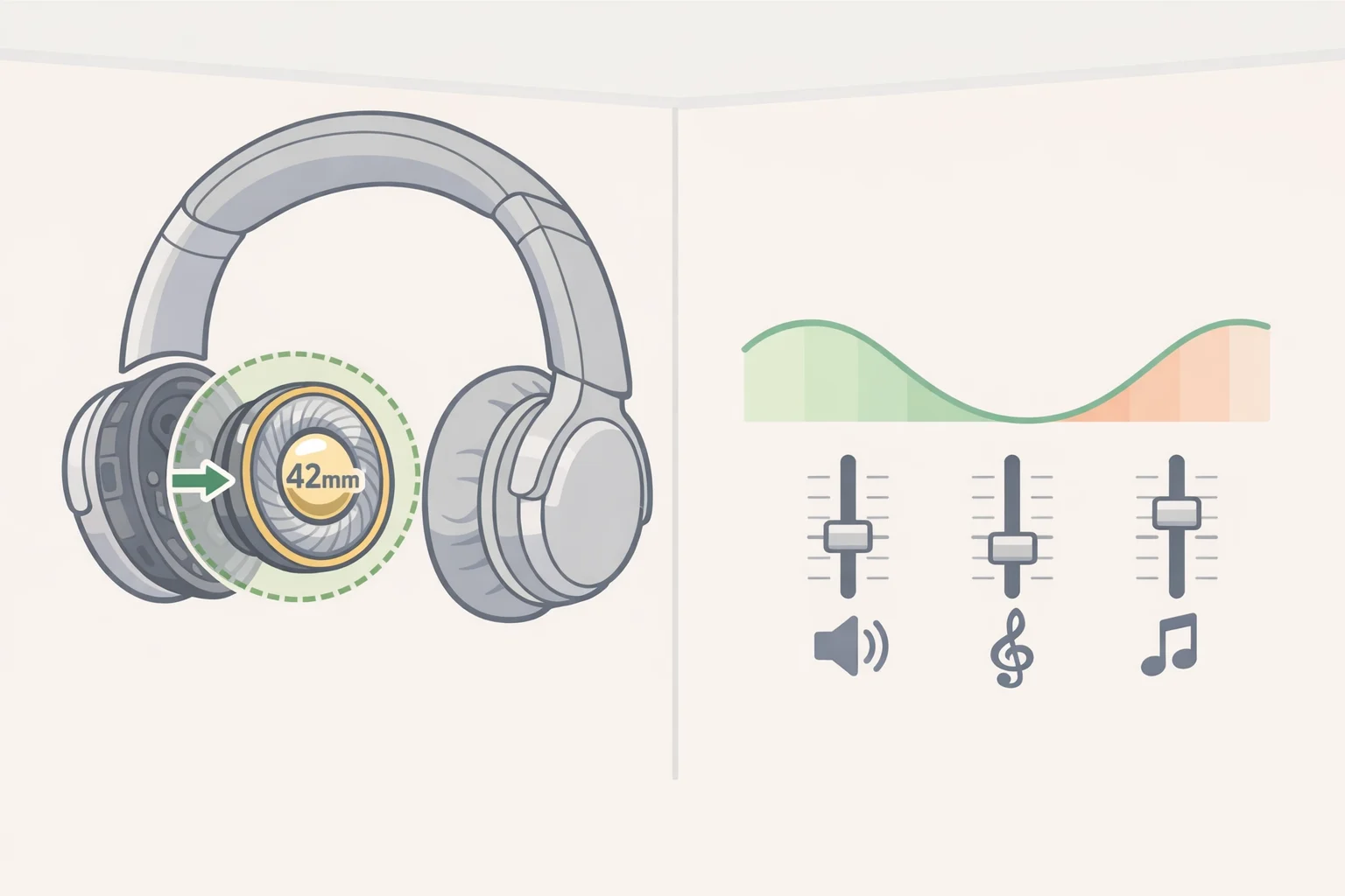 Close-up illustration of the Sennheiser Momentum 5 Wireless showing the 42mm dynamic driver and labeled sound signature areas (low-end weight, recessed midrange, detailed bright treble)