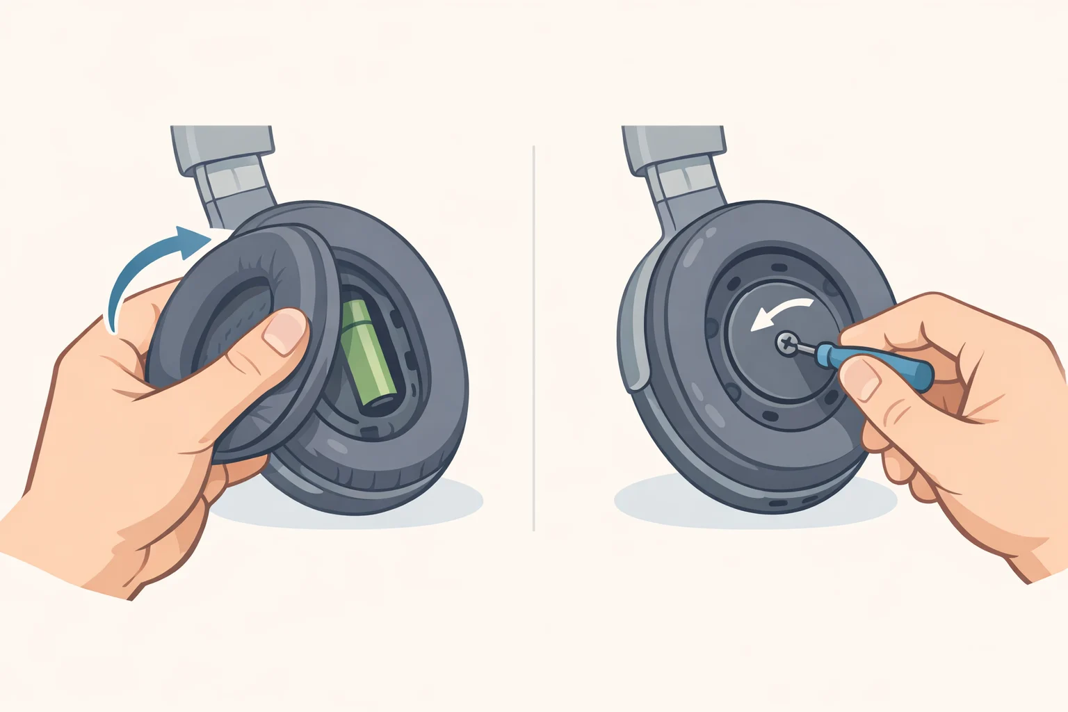Illustration of the Momentum 5 earpad removed to reveal the 700 mAh user-replaceable battery beneath the left driver with four screws and a Phillips-head screwdriver