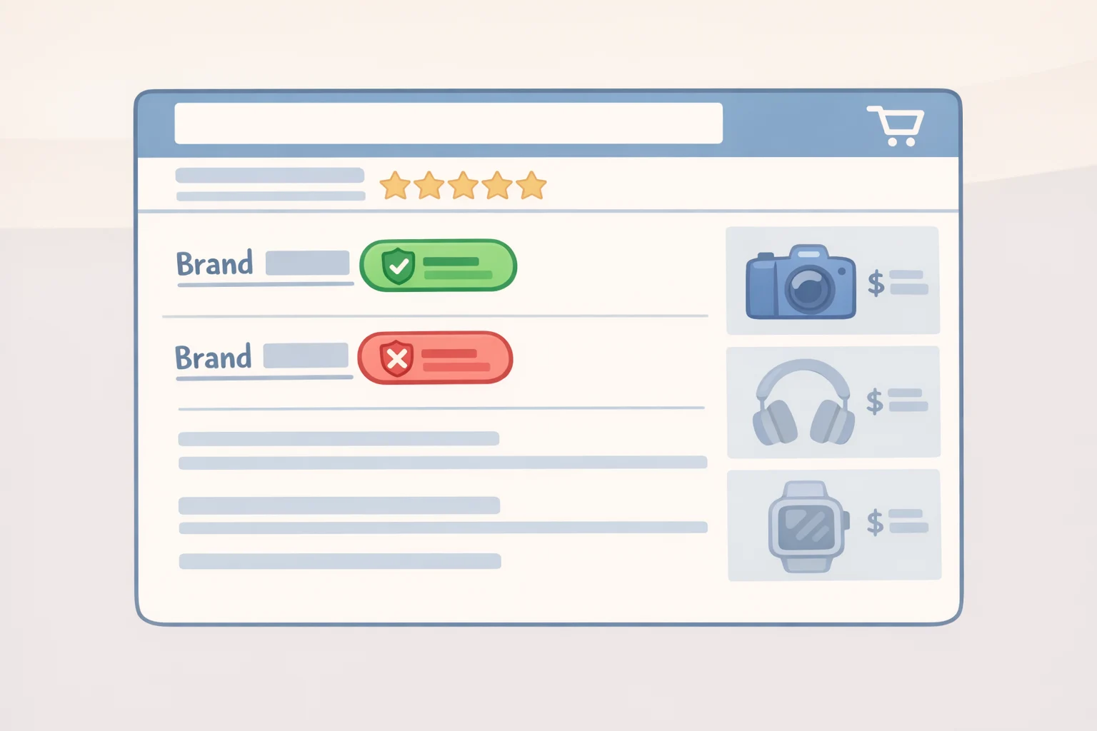 Illustration of an Amazon product page with a verdict chip next to the brand name and a dimmed flagged listing, showing how the extension hides or labels suspected pseudo-brands