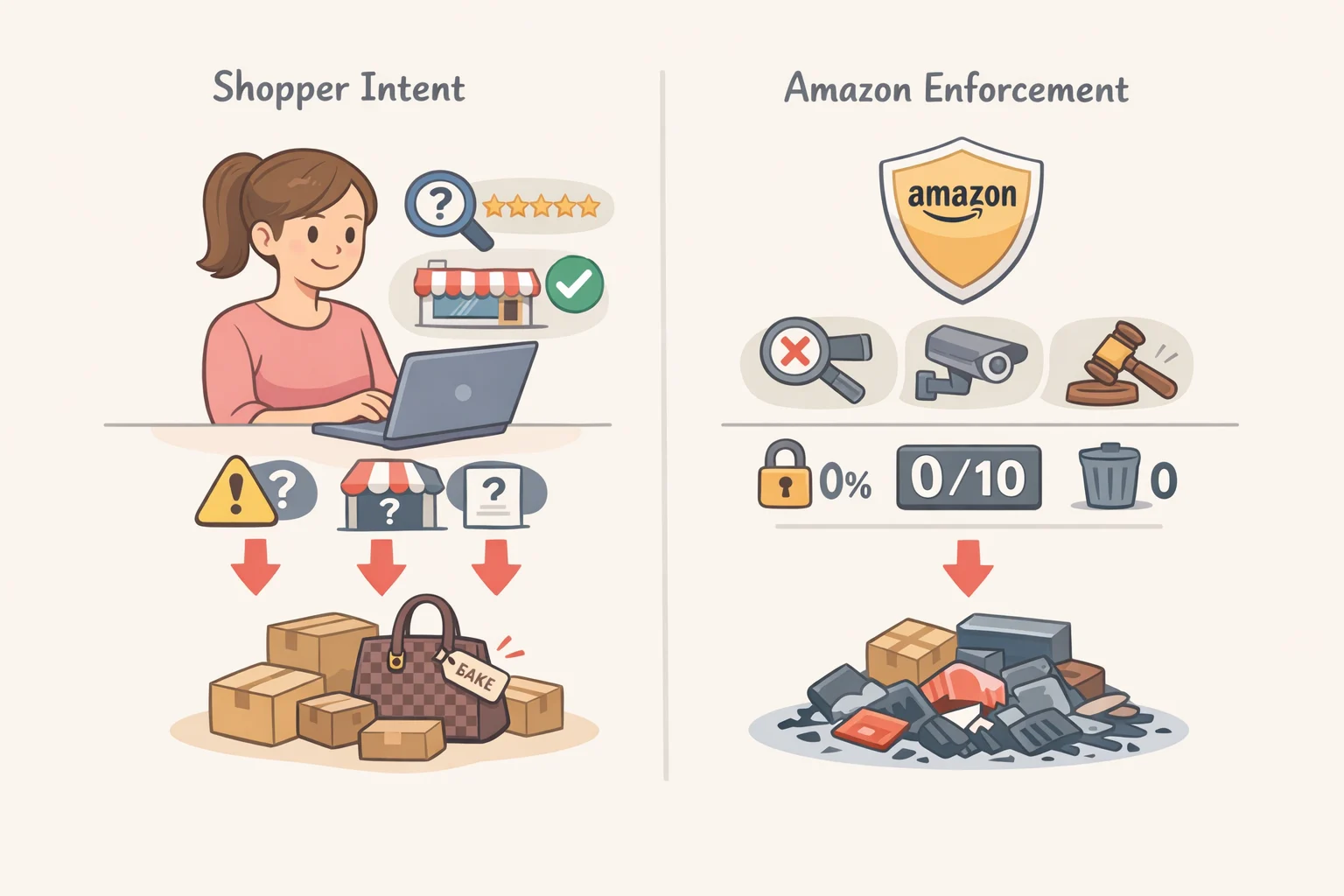 Illustration contrasting Amazon's counterfeit enforcement dashboard metrics with a shopper's search results that lack visible seller tenure or brand longevity