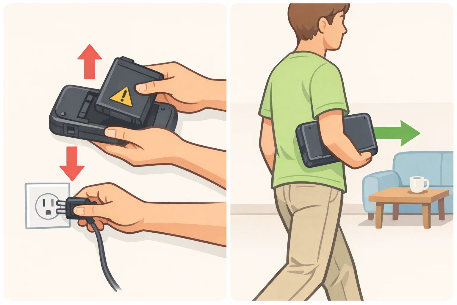 Illustration of a person immediately disconnecting a recalled power bank and setting it aside to stop using the Flaunt MagSafe Battery Charger due to overheating and ignition risk