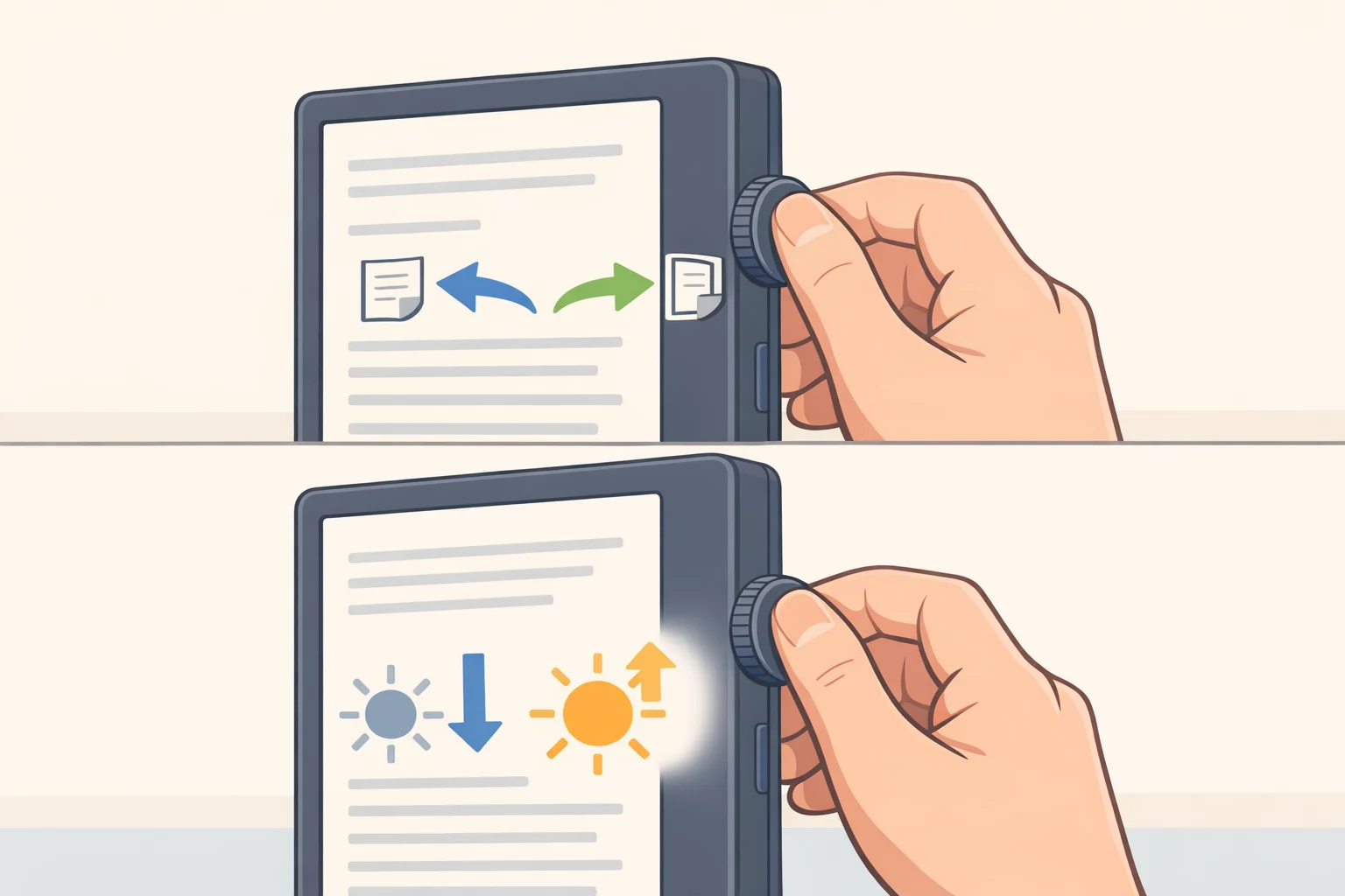 Side-view illustration of the DuRoBo Krono’s Smart Dial enabling one-handed page turns, brightness adjustment, and voice memo recording for the DuRoBo Moodi page turner use case