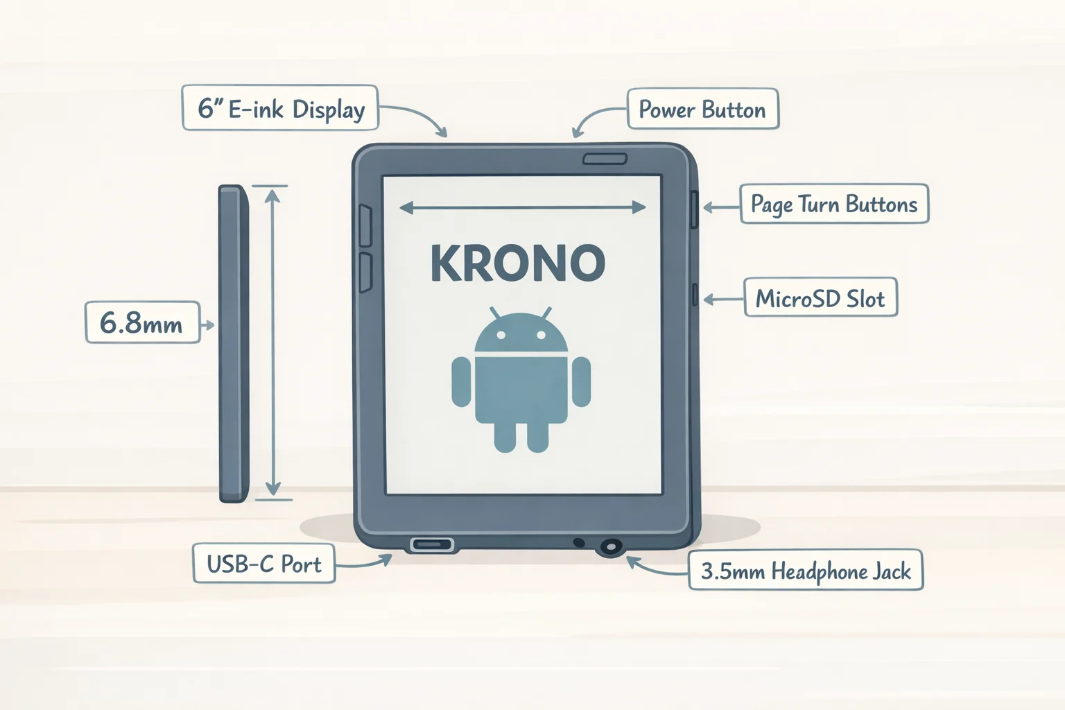 Illustration of the DuRoBo Krono e-reader highlighting its 6.13-inch E Ink Carta 1200 panel, slim 9mm profile, 173g weight, and side hardware layout for understanding how the device fits in hand