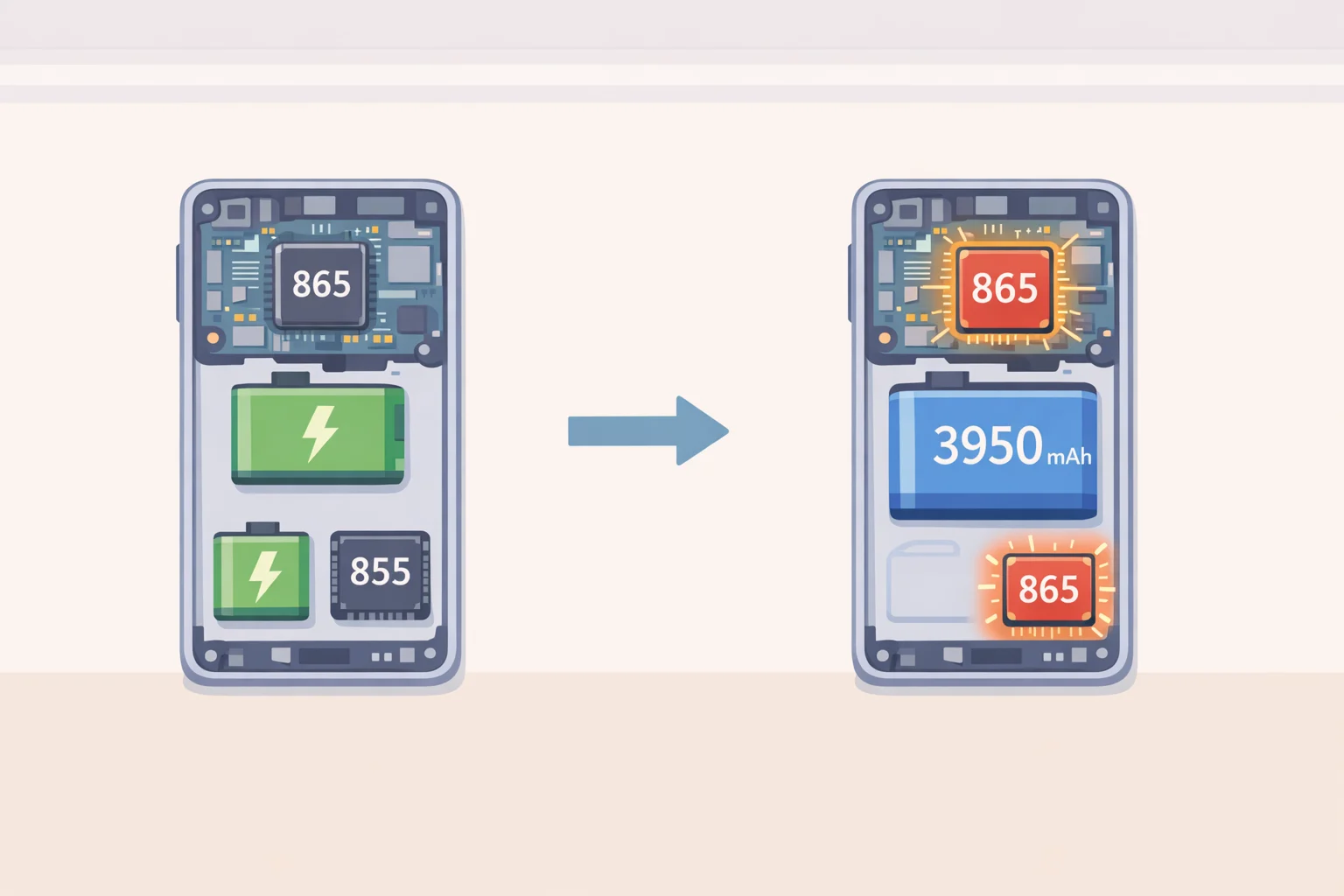 Side-by-side spec comparison of Ayaneo Pocket Micro 2 generations showing Snapdragon 865 replacing Helio G99 and a 3,950mAh battery versus 2,600mAh