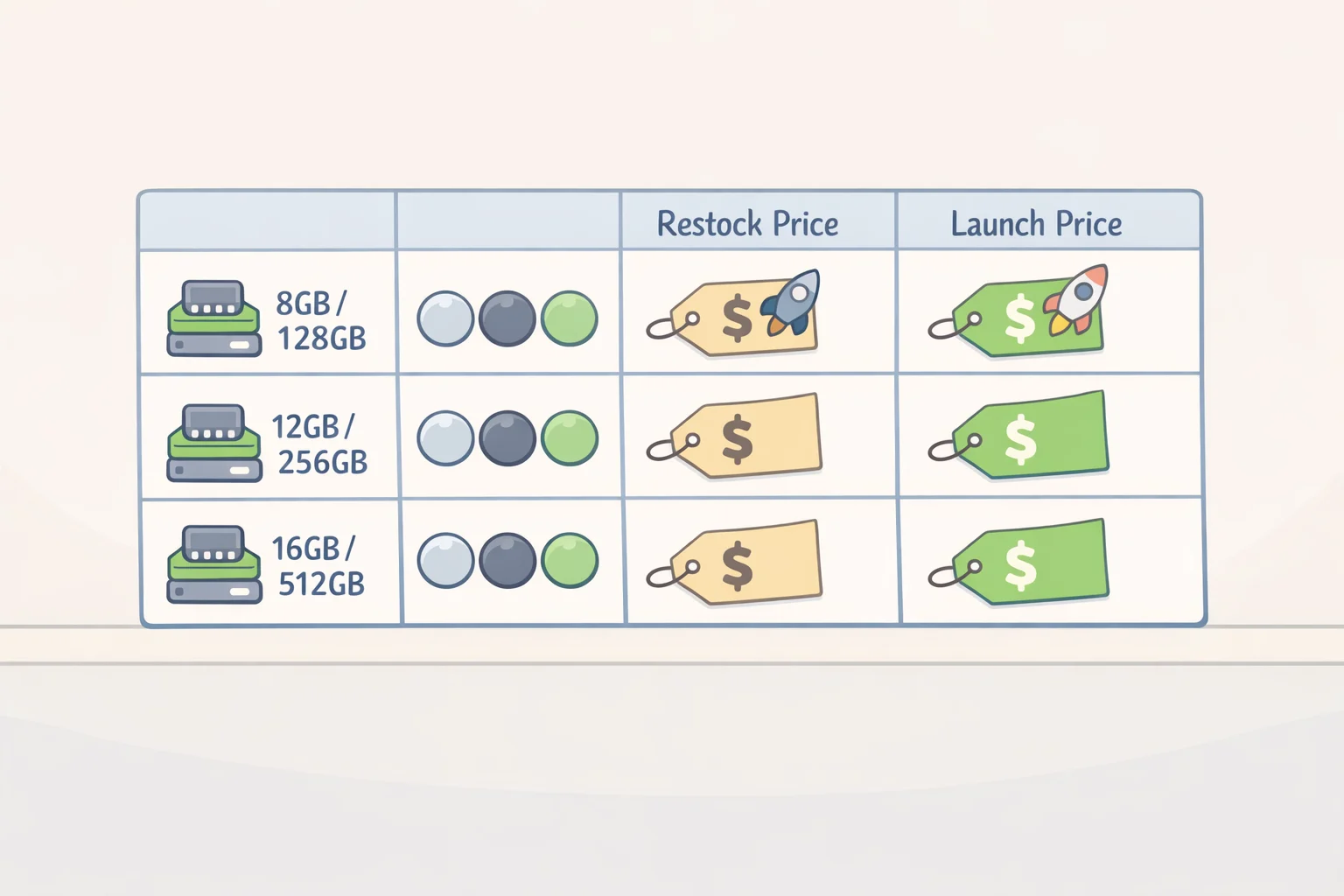 Table comparing Ayaneo Pocket Micro 2 restock configurations (6GB/128GB and 8GB/256GB), color options, and prices versus launch offers