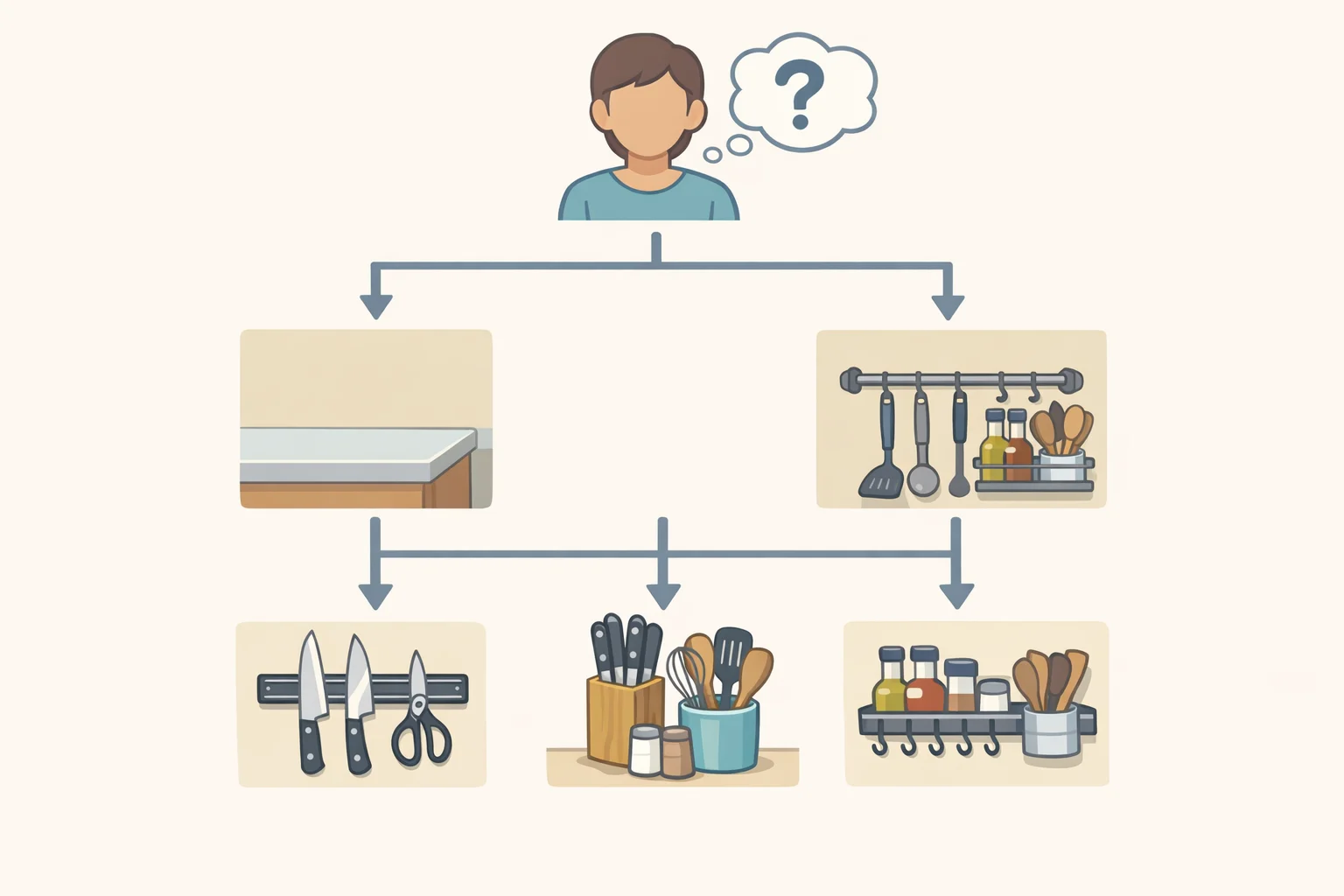 Decision framework infographic that routes readers to the right paper towel holder type using magnetic surface availability, willingness to drill, and counter-space constraints
