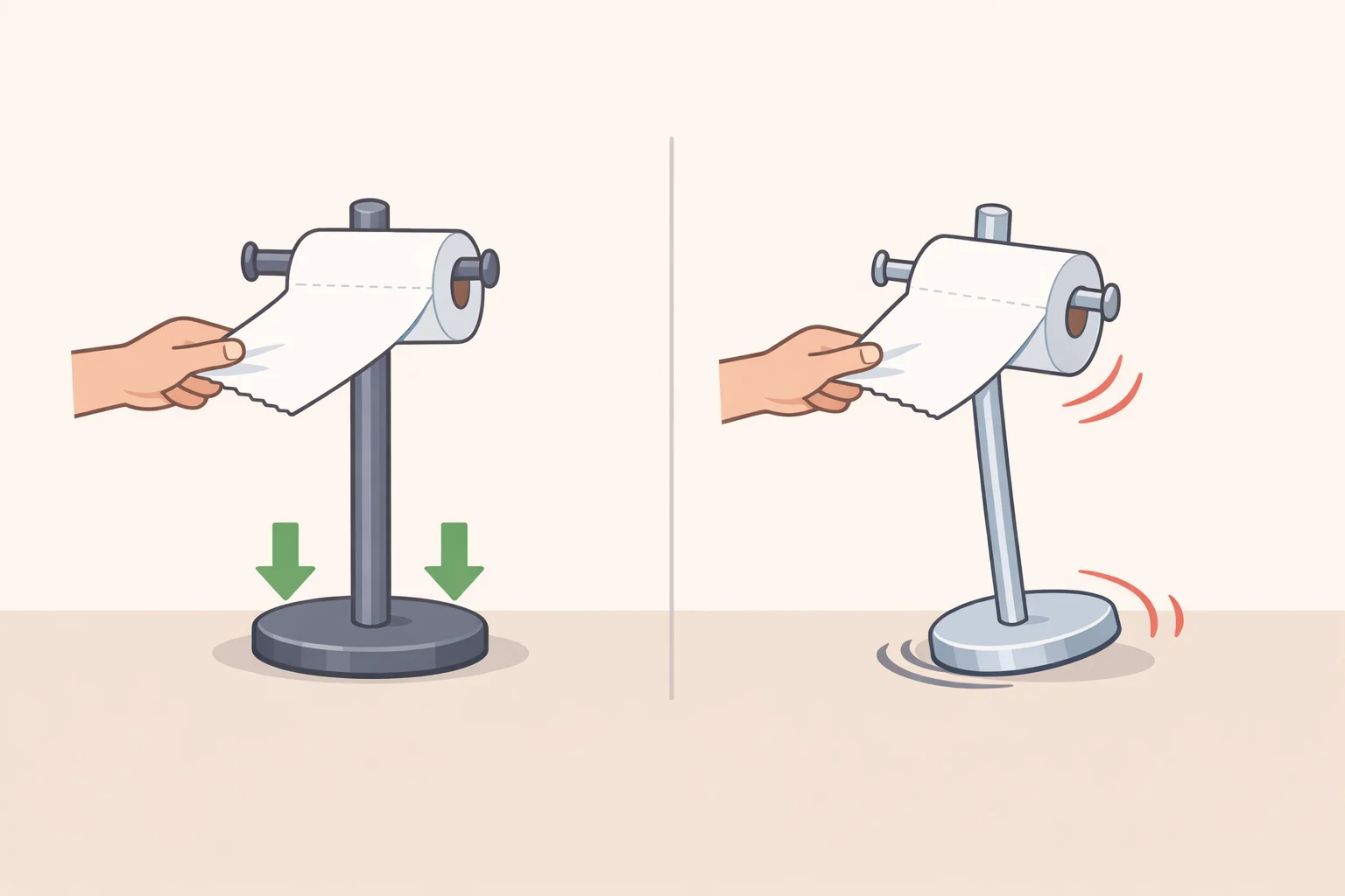 Diagram comparing a lightweight paper towel holder that skids with a heavier marble-based holder that stays planted, highlighting base weight as the key factor in the best paper towel holder for kitchen performance