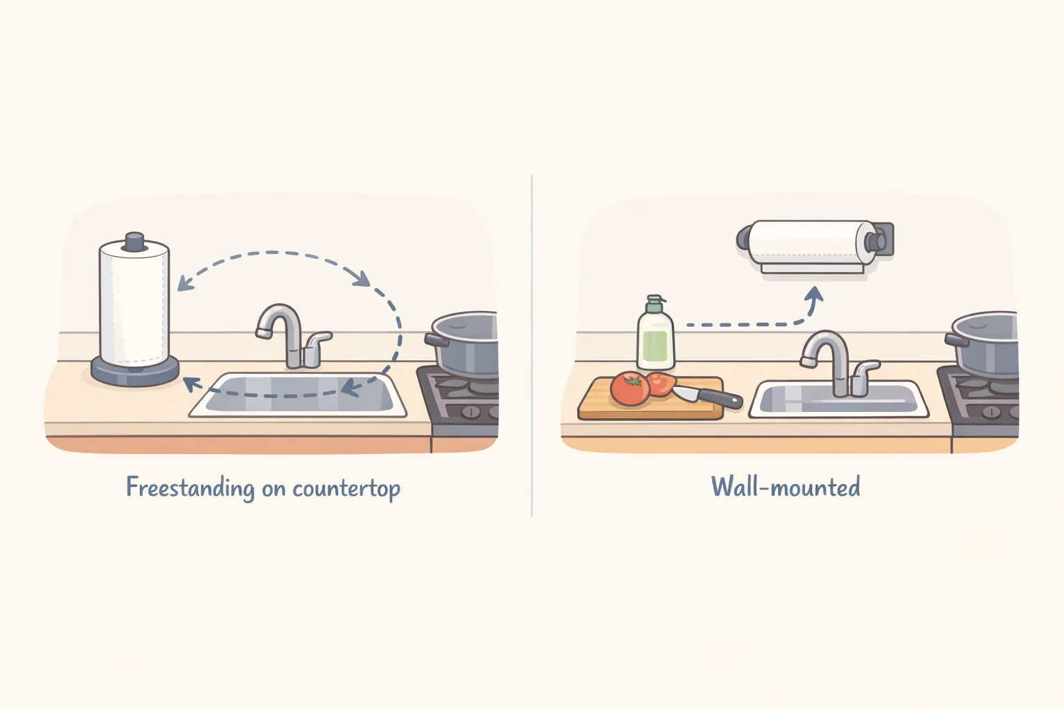 Side-by-side layout of a freestanding countertop paper towel holder and a wall-mounted holder, showing different counter-space usage and tear convenience