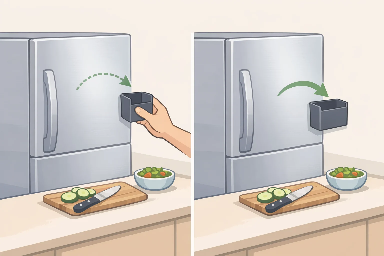 Illustration of a magnetic paper towel holder sticking to a stainless steel fridge door and being repositioned with repeated use