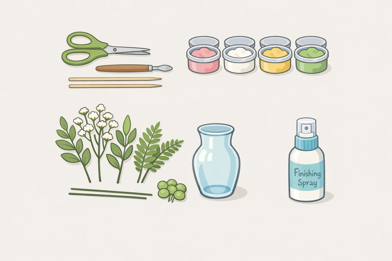 Illustration of the contents inside a Blooms by Play-Doh adult kits floral kit, with floral-scented pastel compound, shaping tools and molds, faux greenery stems, the included vase, and finishing spray arranged for setup