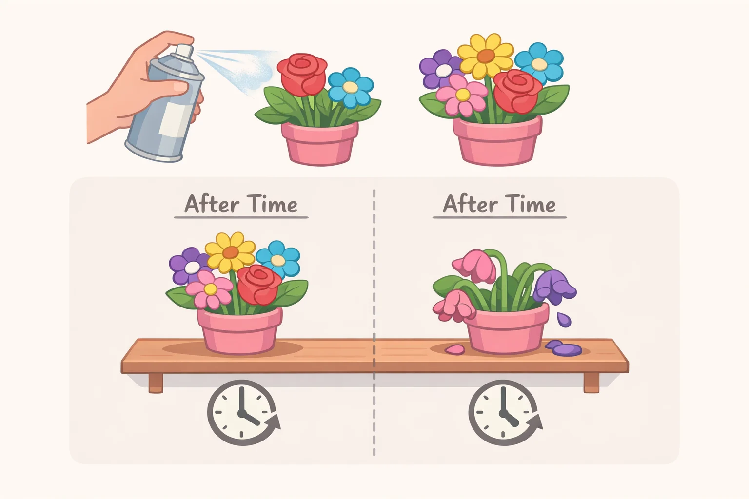 Illustration showing a preserved bouquet after applying the Blooms finishing spray, contrasted with an unsealed set to visually test whether the flowers hold their shape for months
