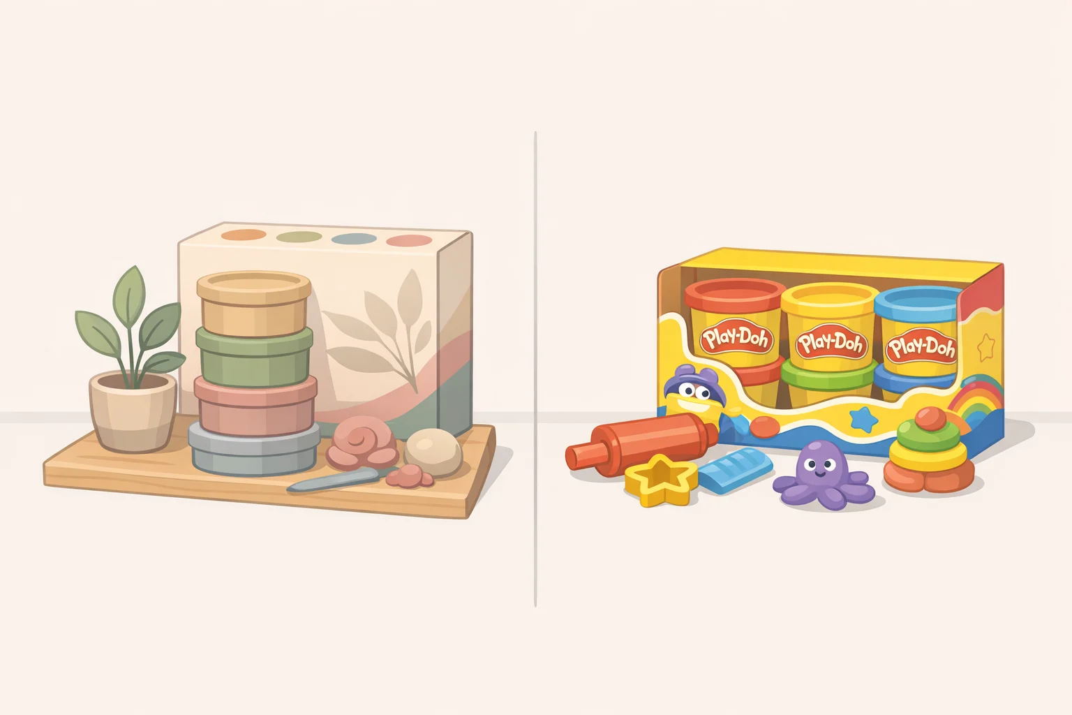 Illustration comparing the distinct Blooms sub-brand look designed for display versus older adult Play-Doh products that still resembled children's toys