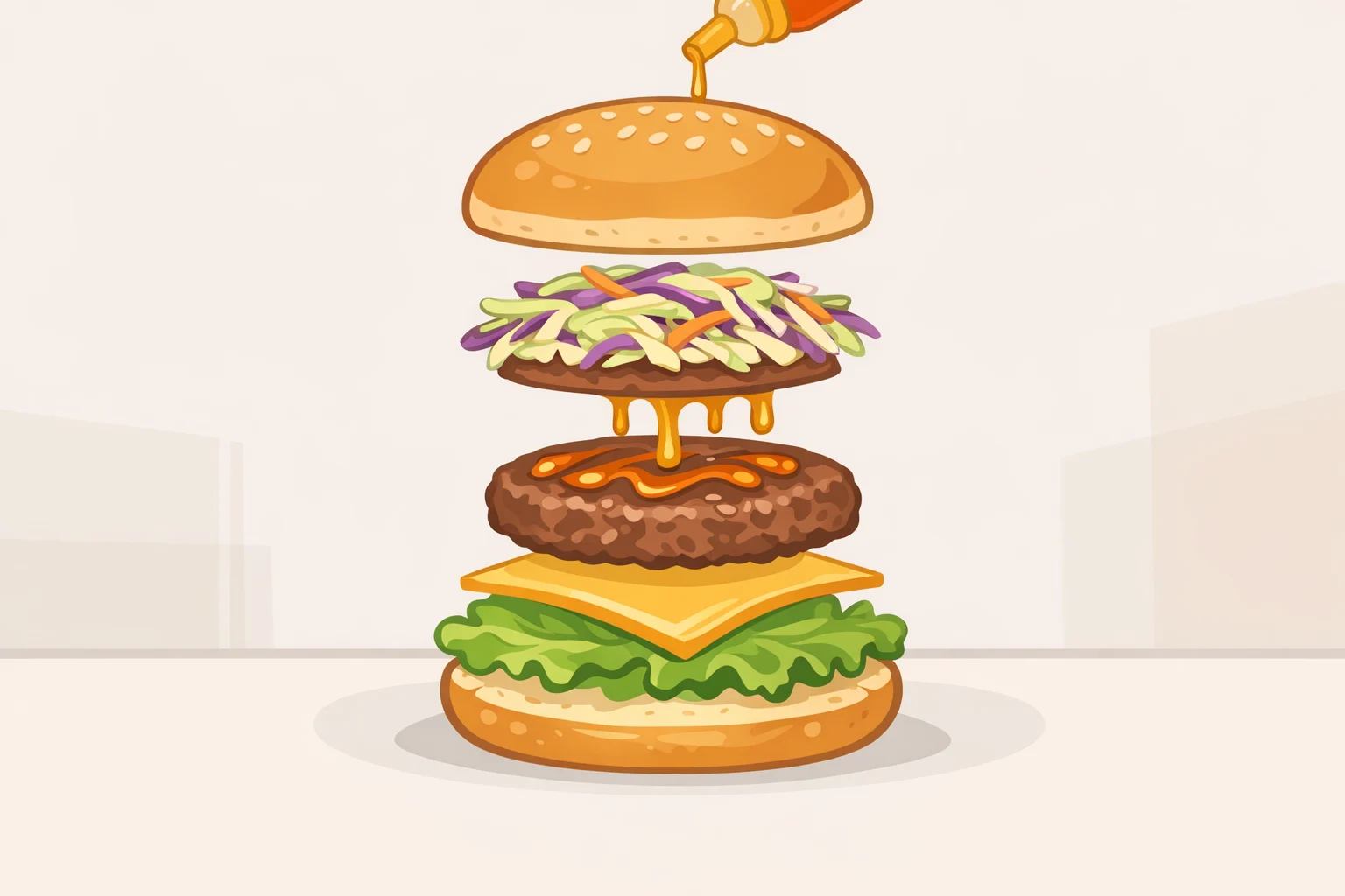 Illustration of the step-by-step layering for a hot honey halloumi burgers recipe: toasted bun base with mayo and hot honey, slaw on top, hot halloumi, then a final hot honey drizzle and thin tomatoes.