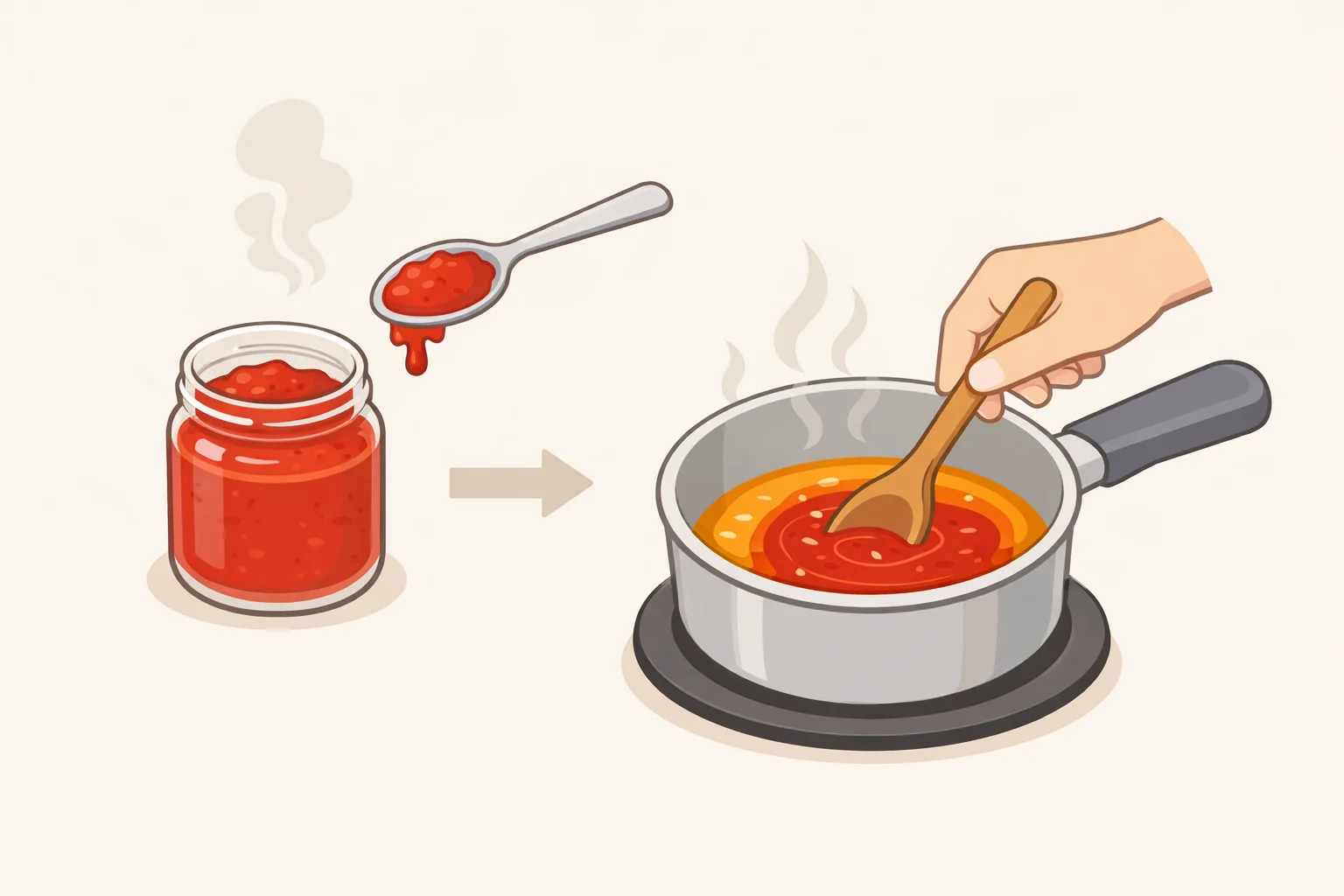 Illustration of a spoon stirring harissa paste into warmed honey to create a smooth, smoky hot honey sauce for halloumi burgers.