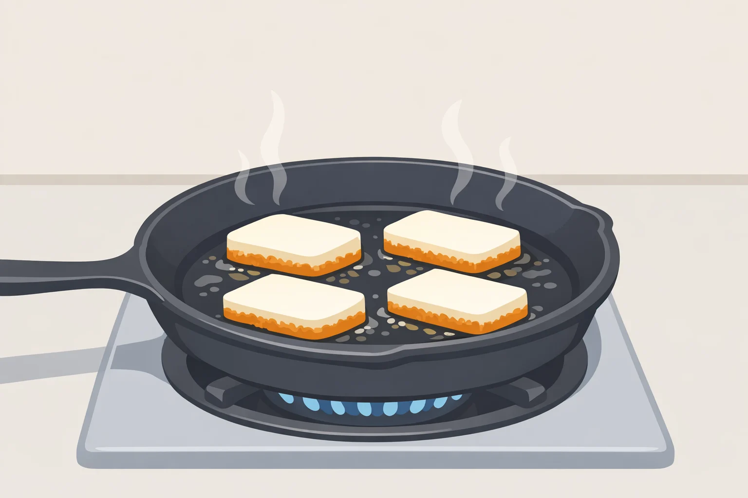 Close-up illustration of halloumi planks in a cast-iron skillet browning deeply on the underside, showing the color creep up the sides for a crispy crust.