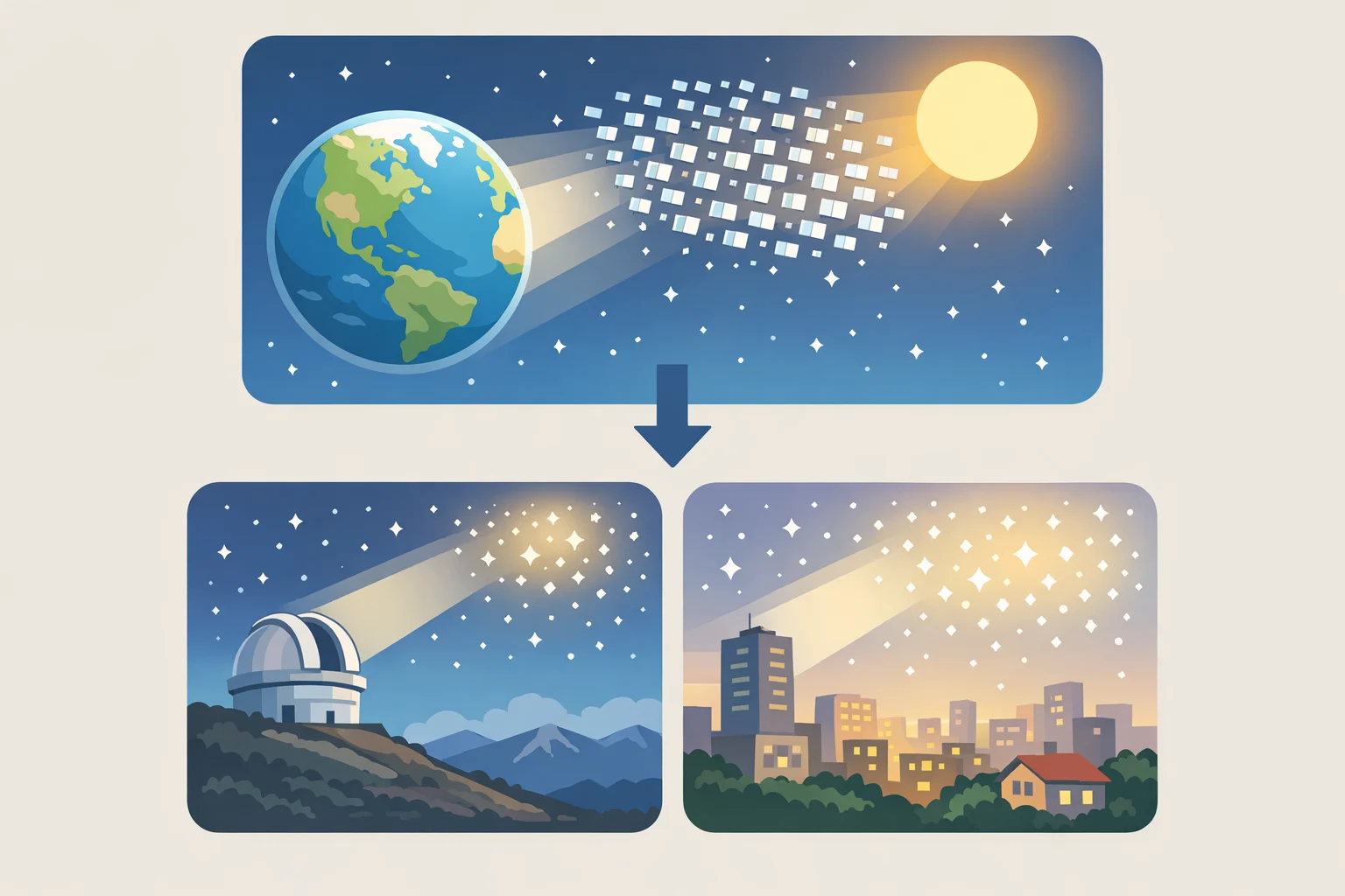Global sky-brightness projection illustrating how thousands of Reflect Orbital-style reflectors could increase background light at night and overwhelm faint astronomical detections