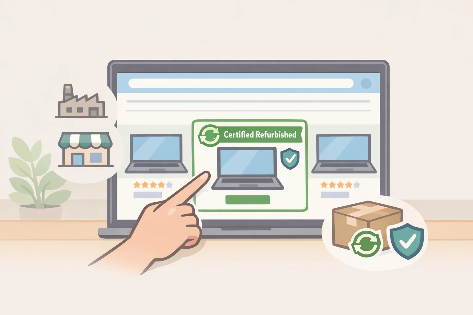 Screenshot-style view of Apple Certified Refurbished, Dell Outlet, or Best Buy Open-Box Certified items showing warranty and the discounted price for school devices