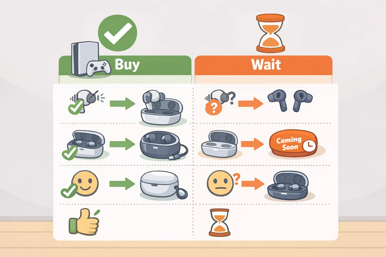 Decision checklist for buyers considering Razer Hammerhead V3 X HyperSpeed earbuds, showing when to buy the console edition versus waiting for ANC-equipped or dongle-based alternatives