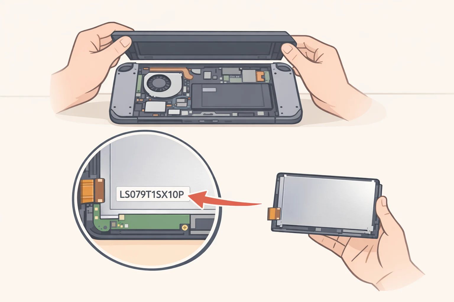 Teardown-style diagram showing the area to check for the LS079T1SX10P panel model number to confirm a Sharp LCD revision