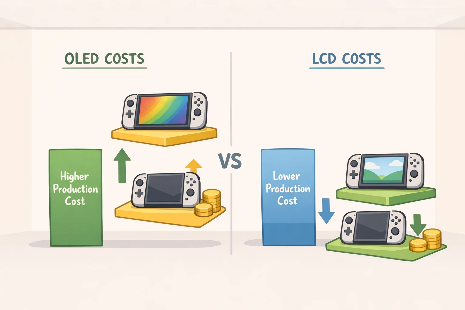 Chart illustrating how OLED panels typically cost more than LCD panels and how that conflicts with Nintendo’s Switch 2 price increase justification