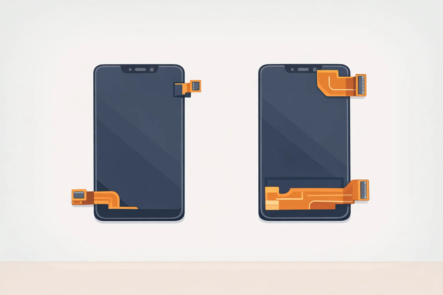 Comparison graphic of the Sharp LS079T1SX10P LCD panel versus the Innolux Switch 2 launch panel, highlighting different exposed circuit, connector, and cable configurations in the Switch 2 OLED rumor context