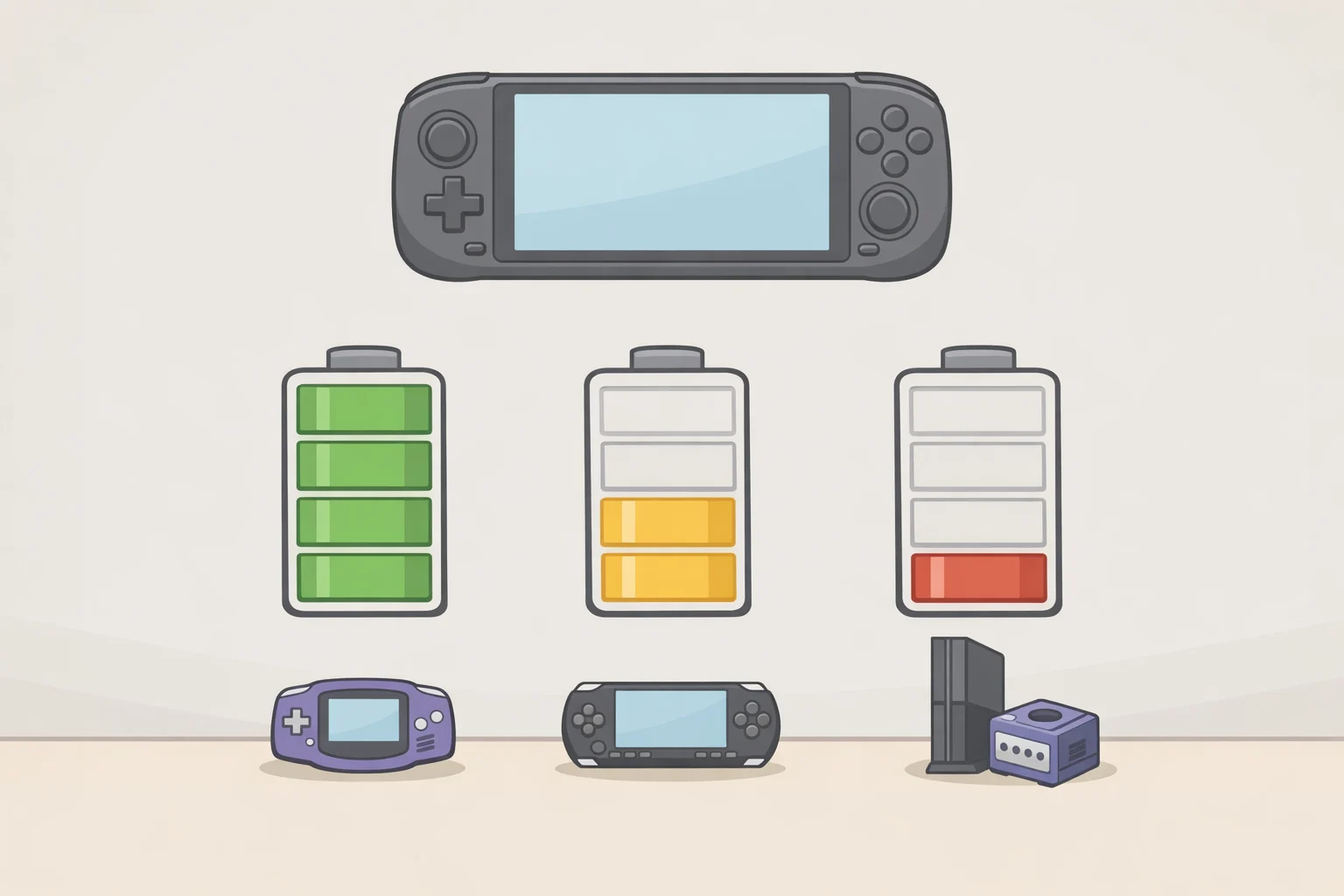 Chart-style image estimating battery life for Retroid handheld emulation workloads as a baseline for Retroid Pocket Nova specs, including GBA, PSP, and PS2/GameCube sessions