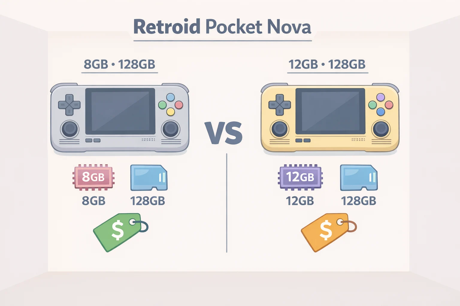 Table-style graphic summarizing Retroid Pocket Nova specs and price tiers, including $229 for 8GB/128GB and $269 for 12GB/128GB with transparent shell options